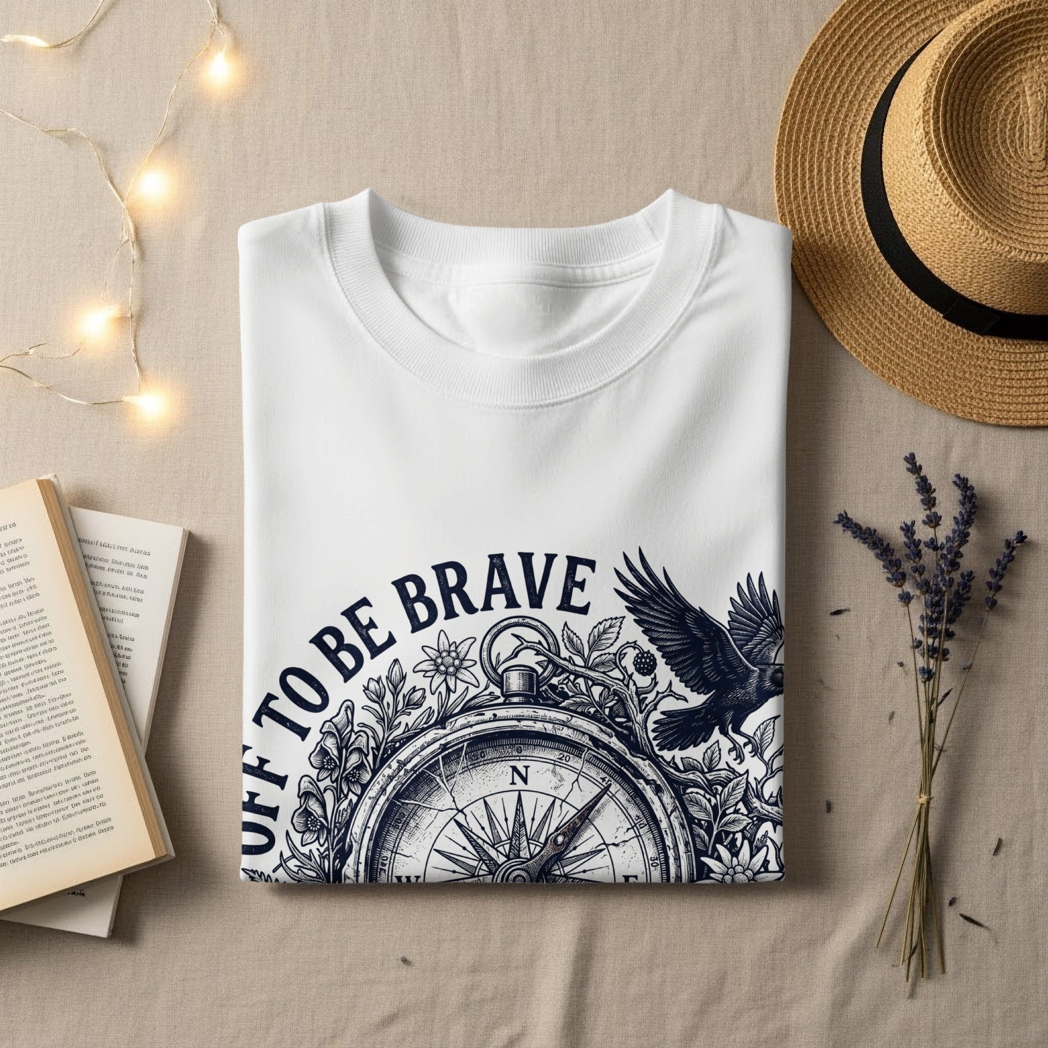 White t-shirt with "BE BRAVE" and compass design, alongside a hat and book.