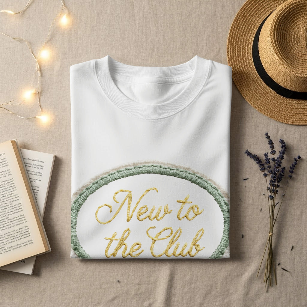 White t-shirt with embroidered "New to the Club" text in an oval.