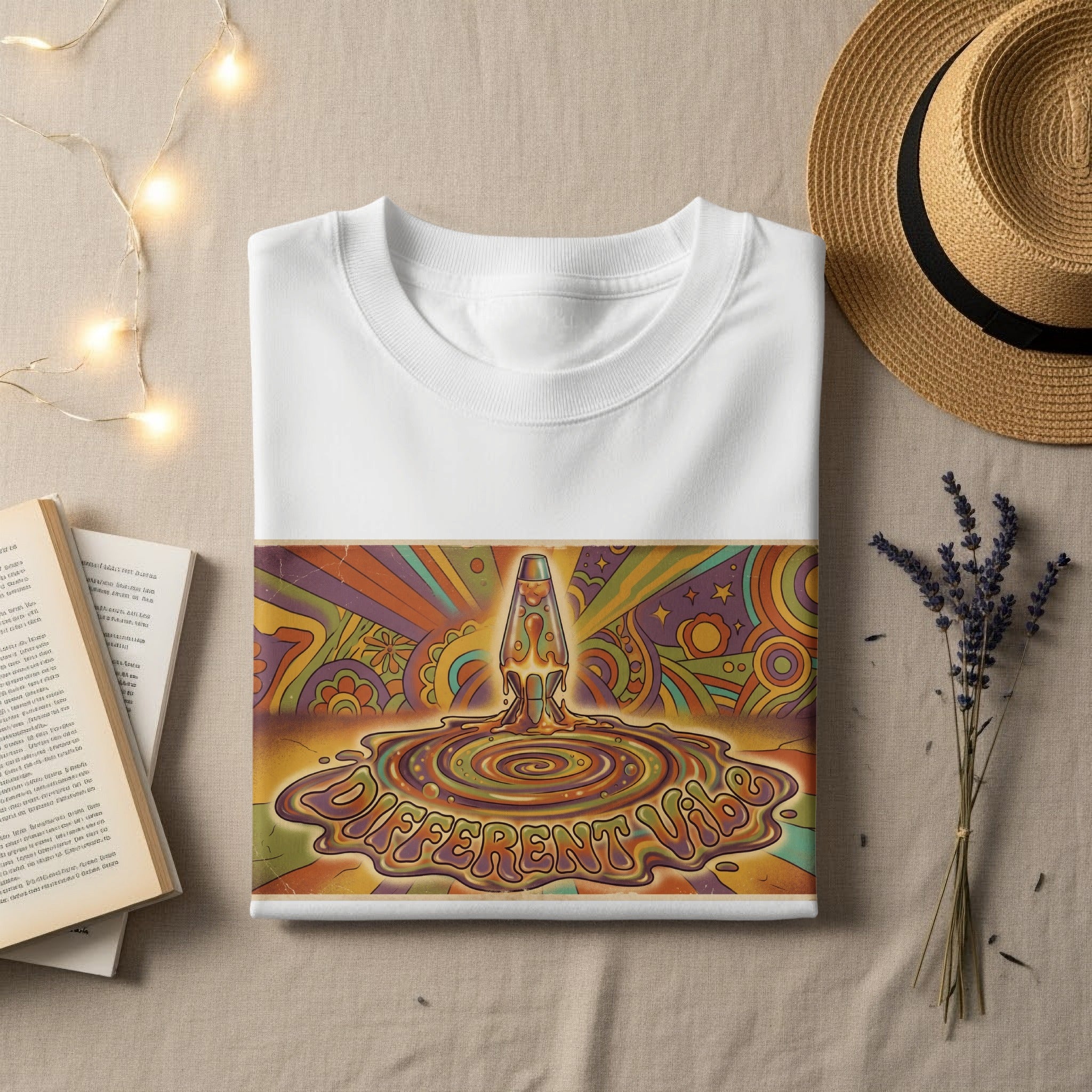 White t-shirt with colorful "different vibe" lava lamp graphic.