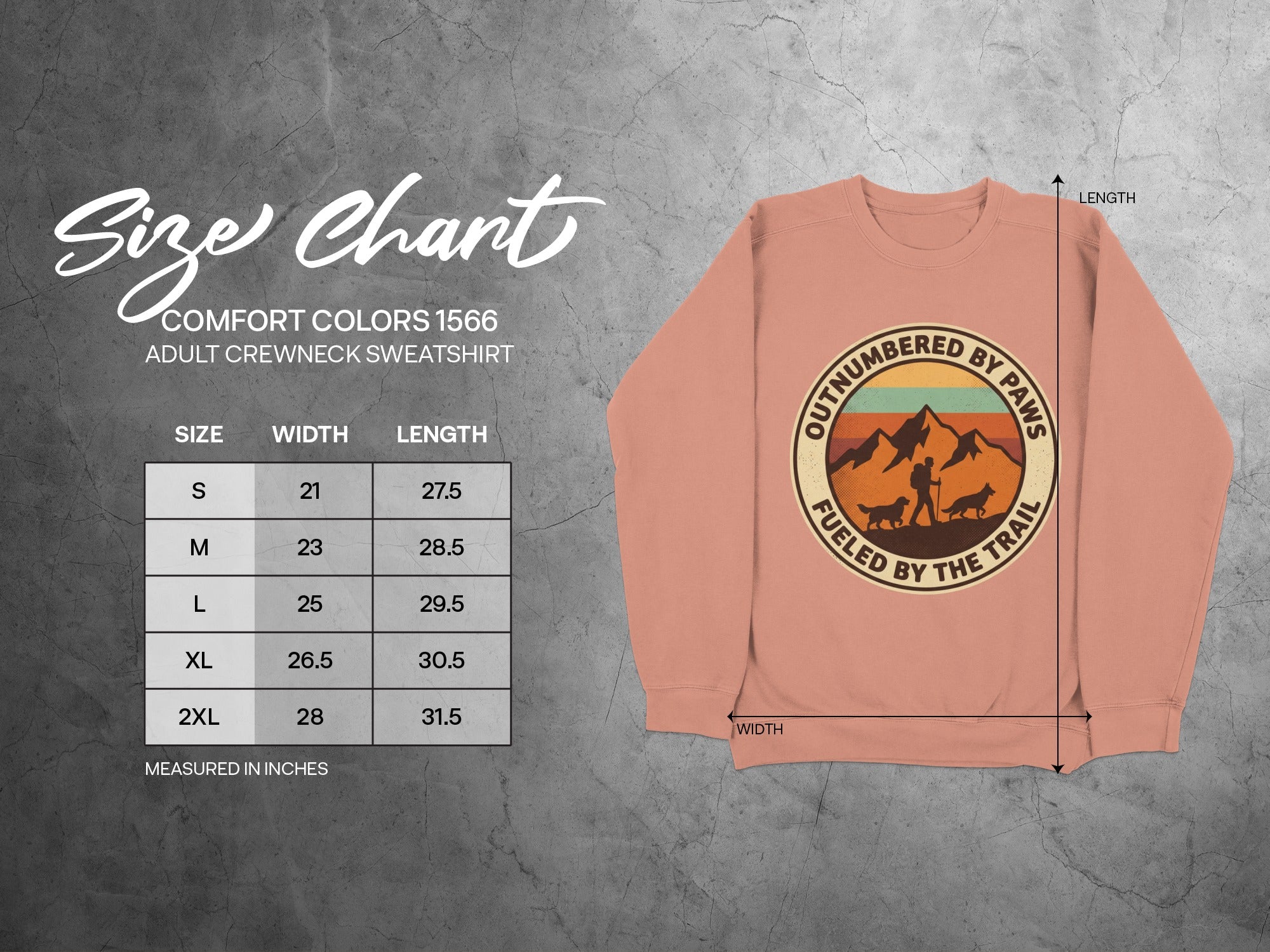 Comfort Colors 1566 adult crewneck sweatshirt size chart with graphic.