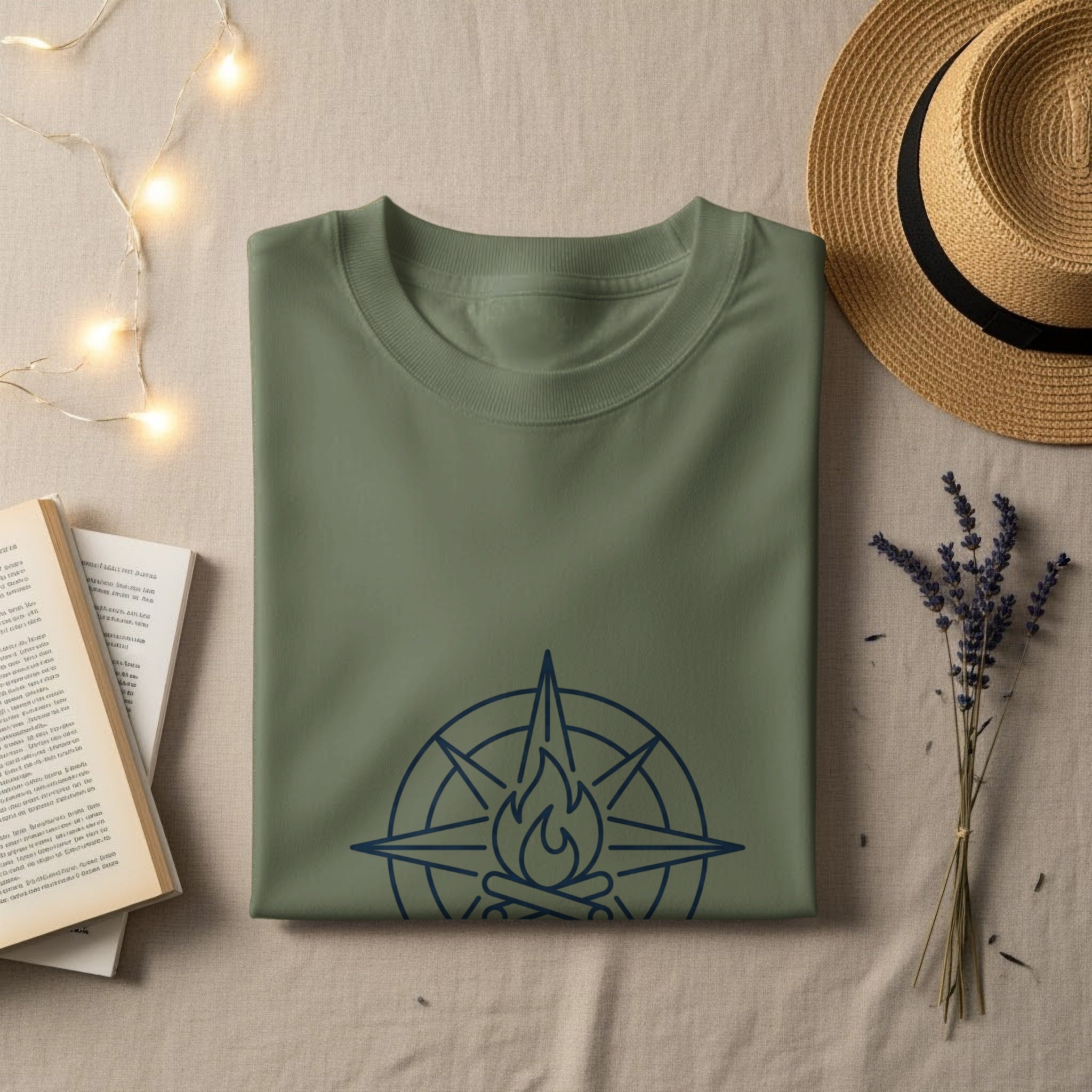 Olive green t-shirt with navy blue compass and campfire graphic.