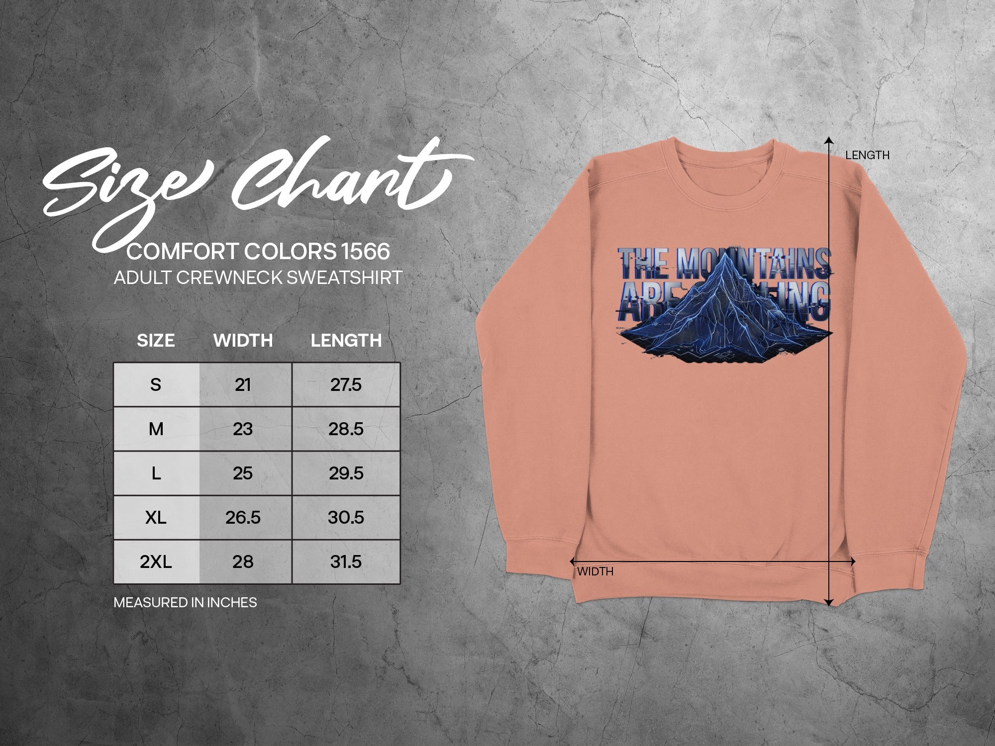 Comfort Colors 1566 adult crewneck sweatshirt size chart with measurements.