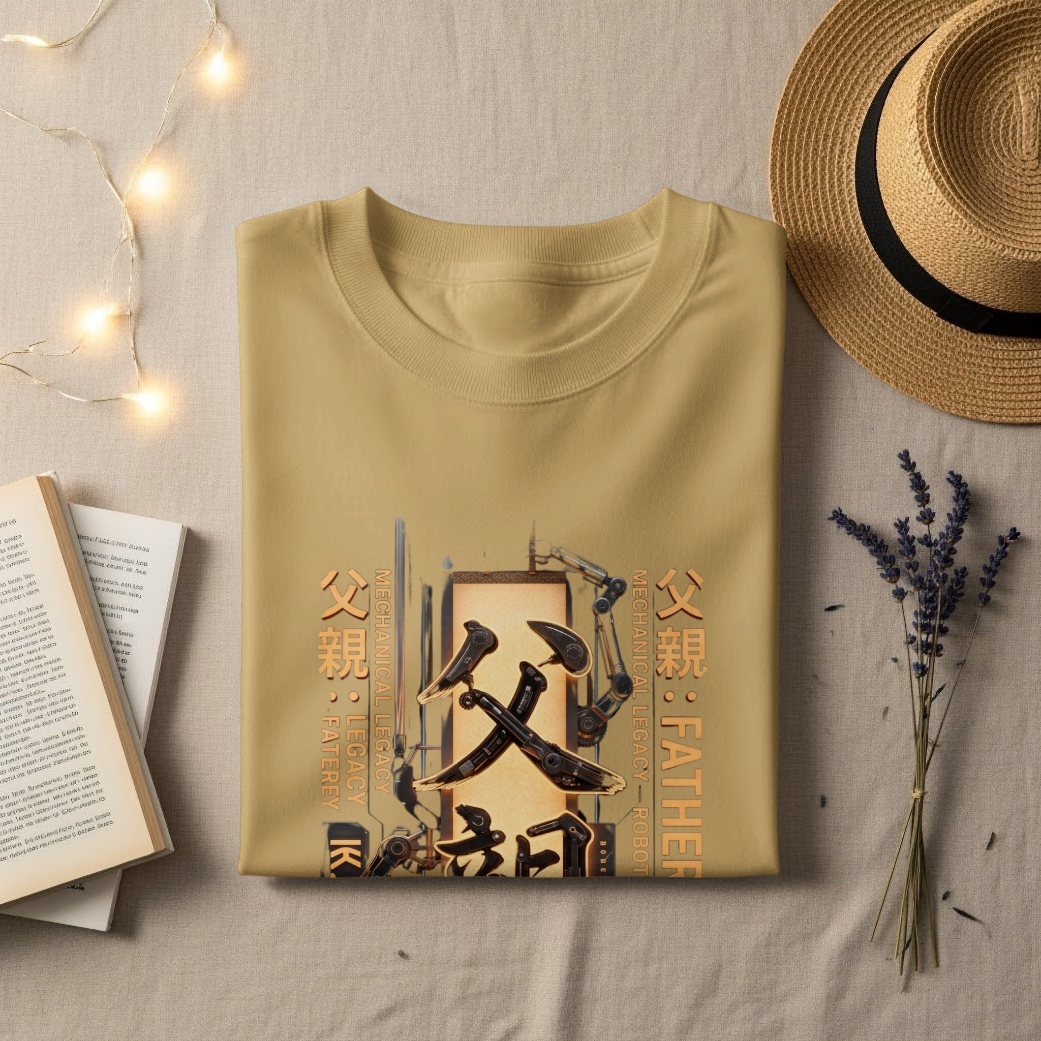 Tan t-shirt with Japanese text and "Father Mechanical Legacy Robot" graphic.