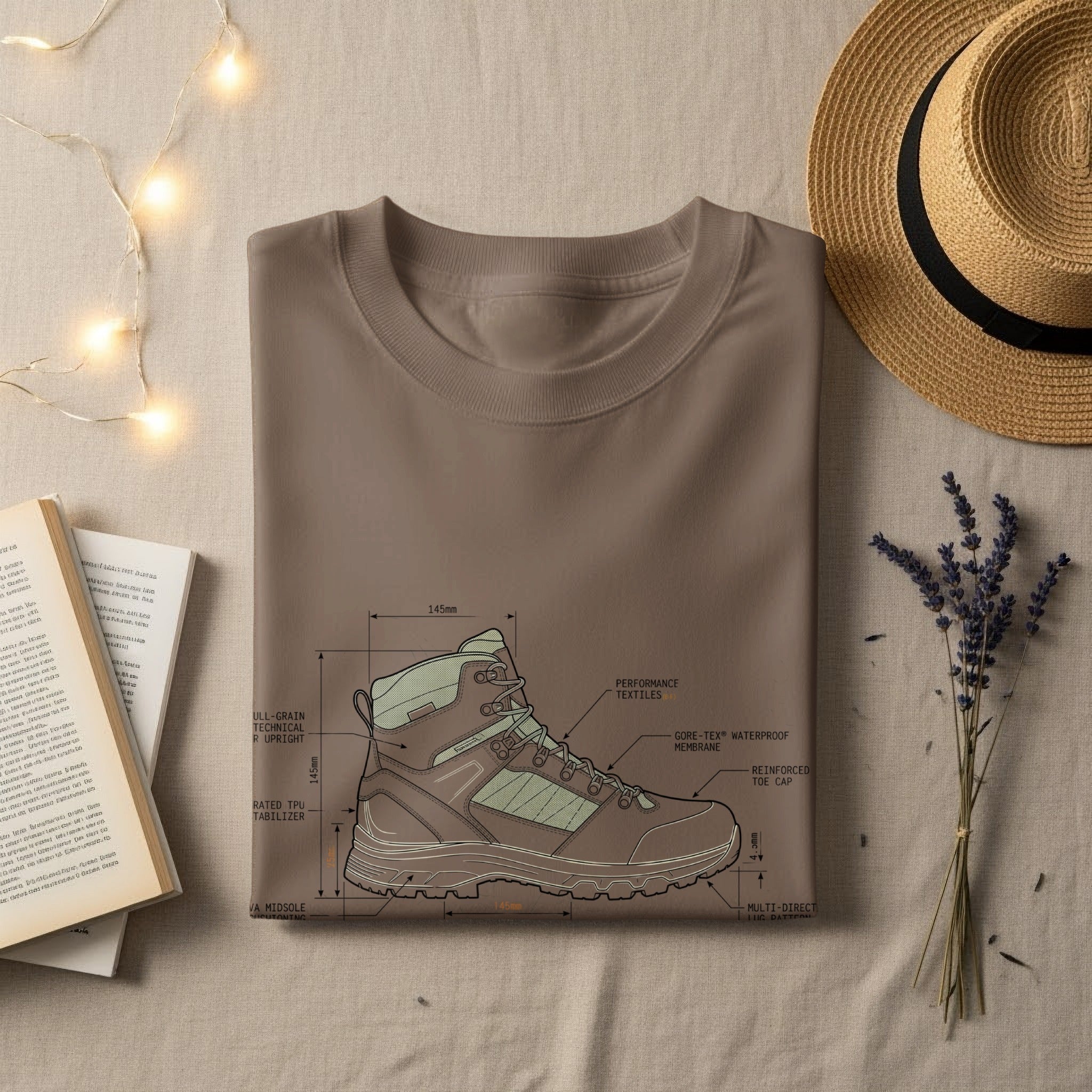 Diagram of hiking boot with callouts detailing materials and construction.