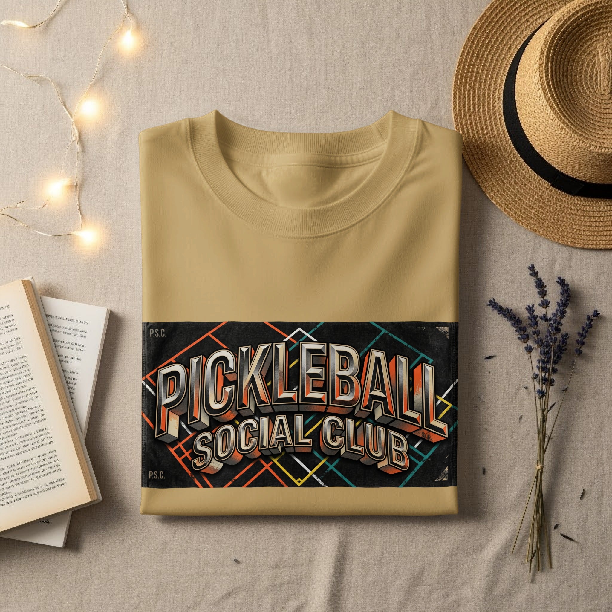 Tan t-shirt with "Pickleball Social Club" graphic, laid flat with straw hat and book.