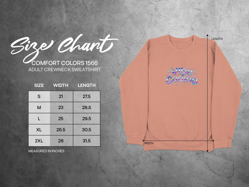 Comfort Colors 1566 adult crewneck sweatshirt size chart with measurements.