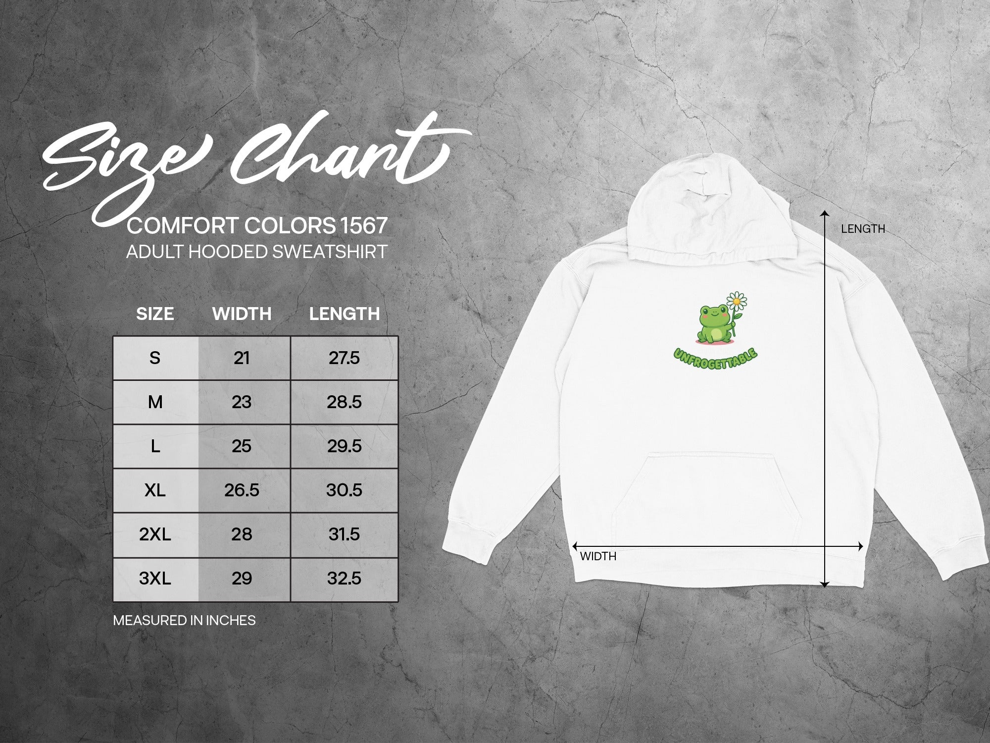Comfort Colors 1567 adult hooded sweatshirt size chart.