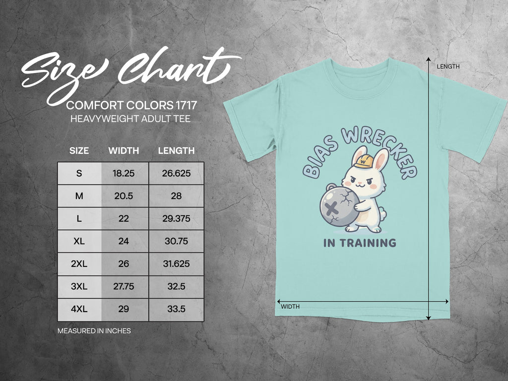 Size chart for Comfort Colors 1717 heavyweight adult tee with graphic.