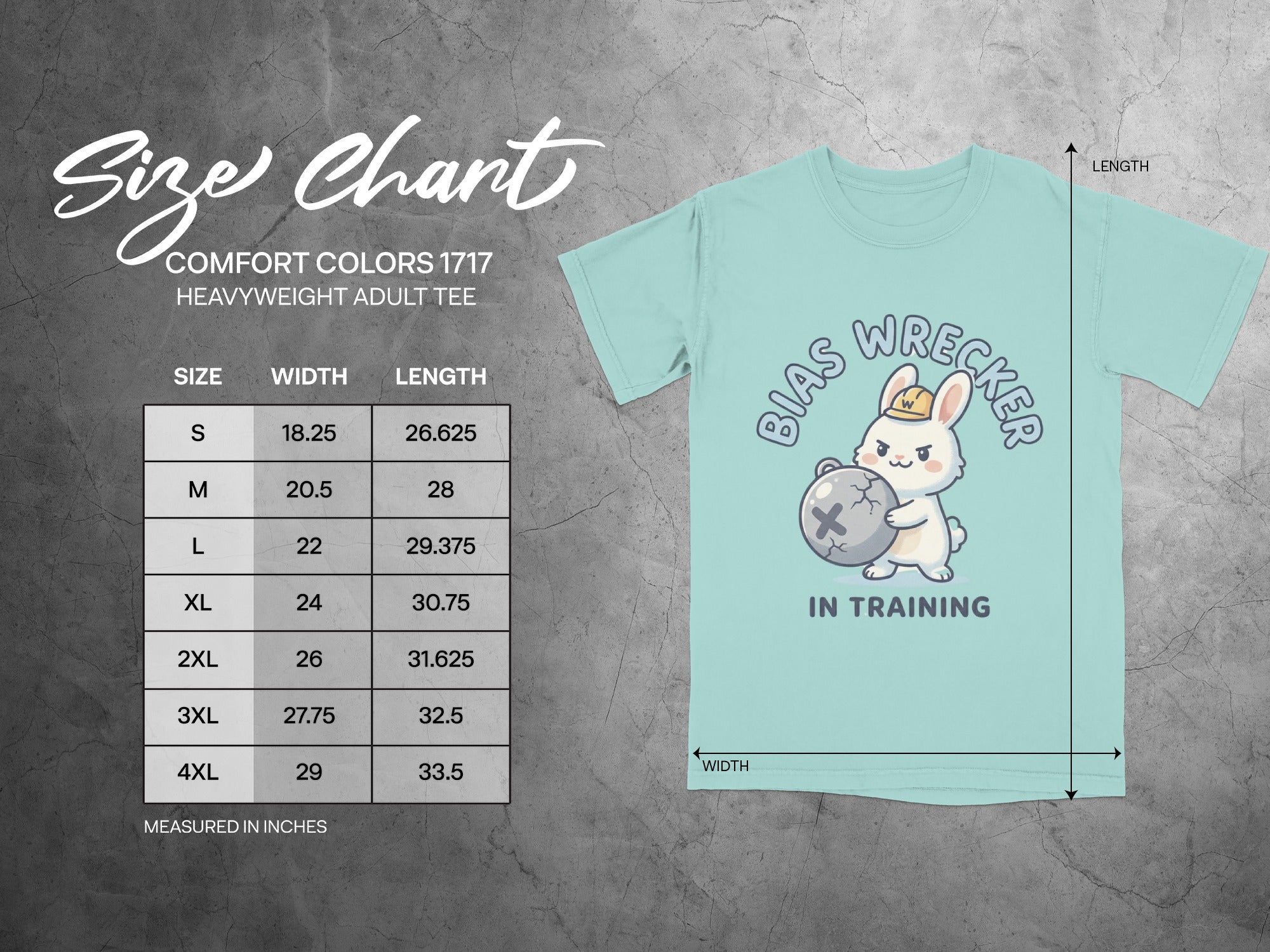 Size chart for Comfort Colors 1717 heavyweight adult tee with graphic.