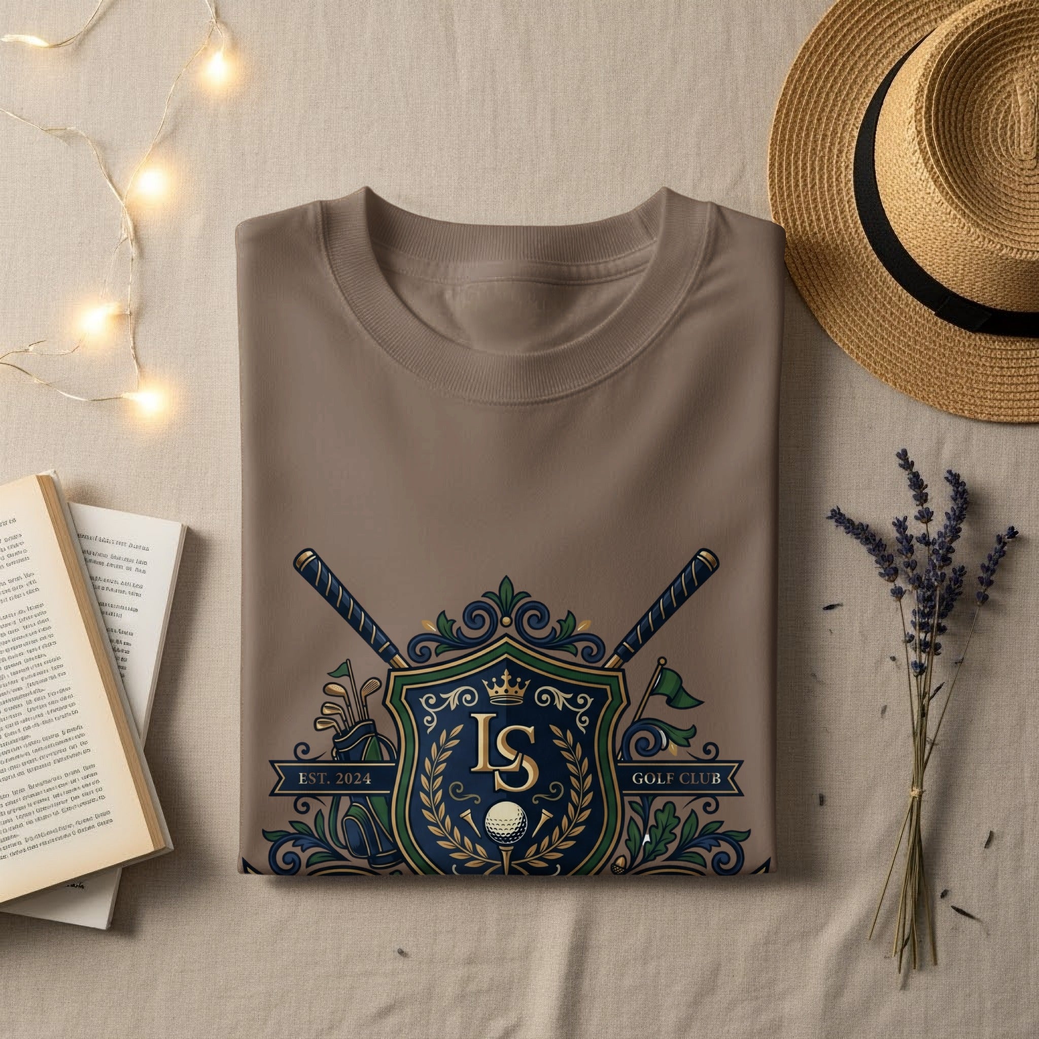 Brown t-shirt with "IS GOLF CLUB EST. 2024" crest.