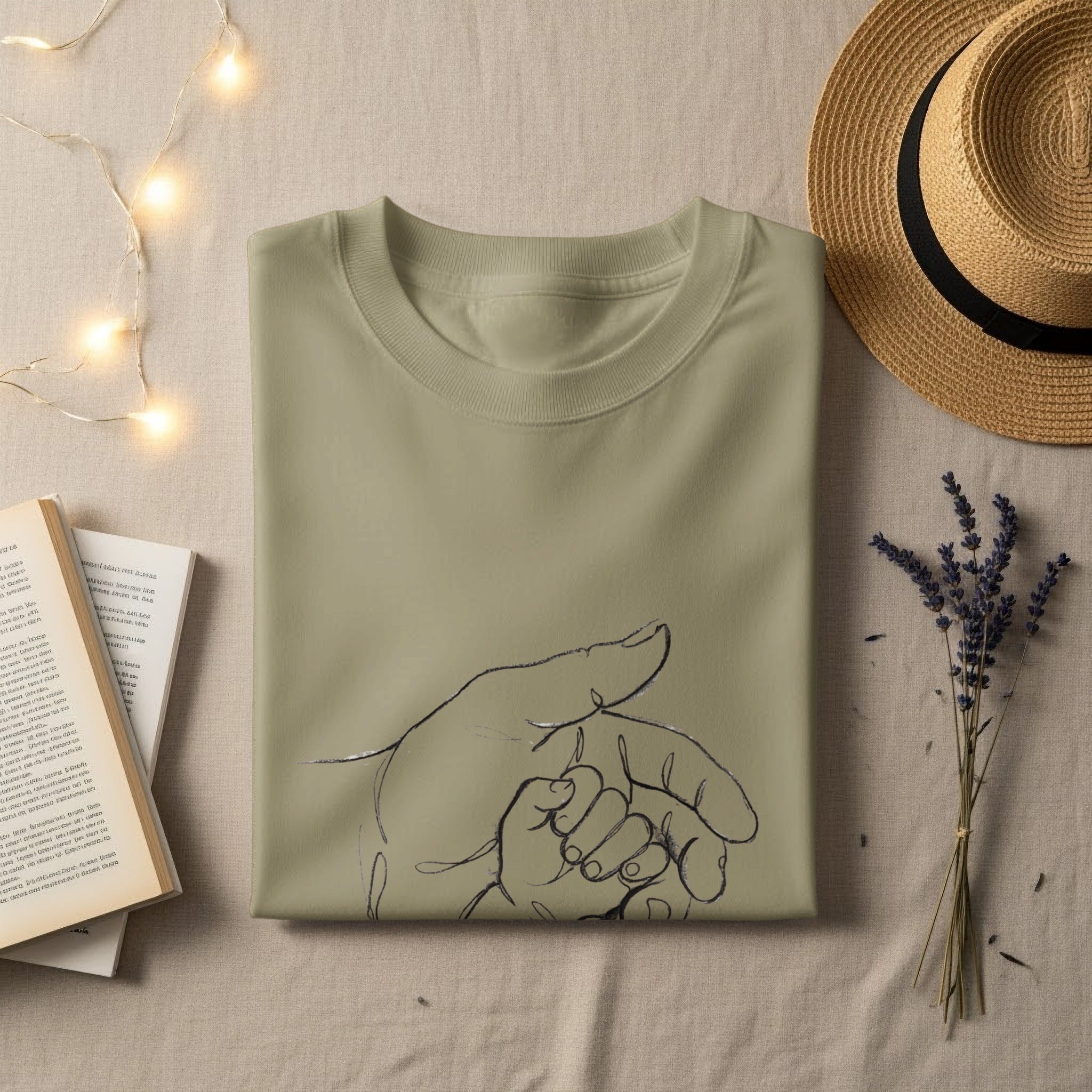 Olive green t-shirt with minimalist line drawing of parent and child holding hands.