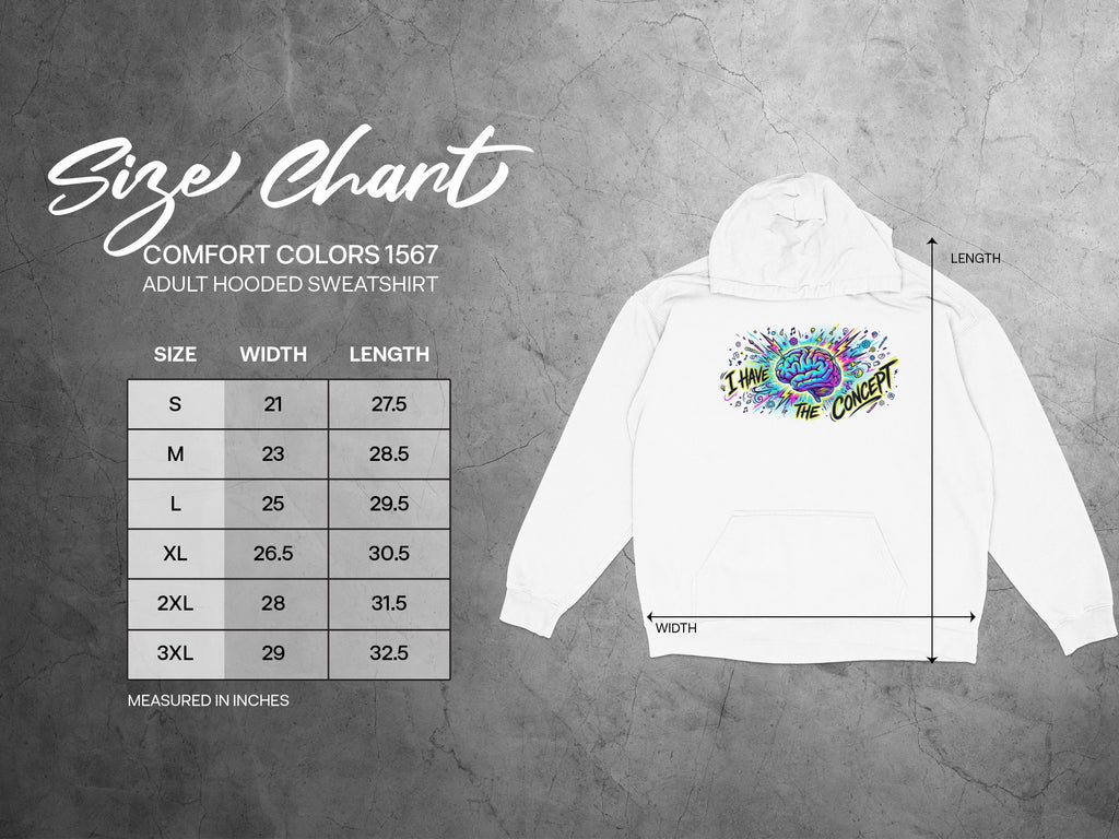 Size chart for Comfort Colors 1567 adult hooded sweatshirt with measurements.