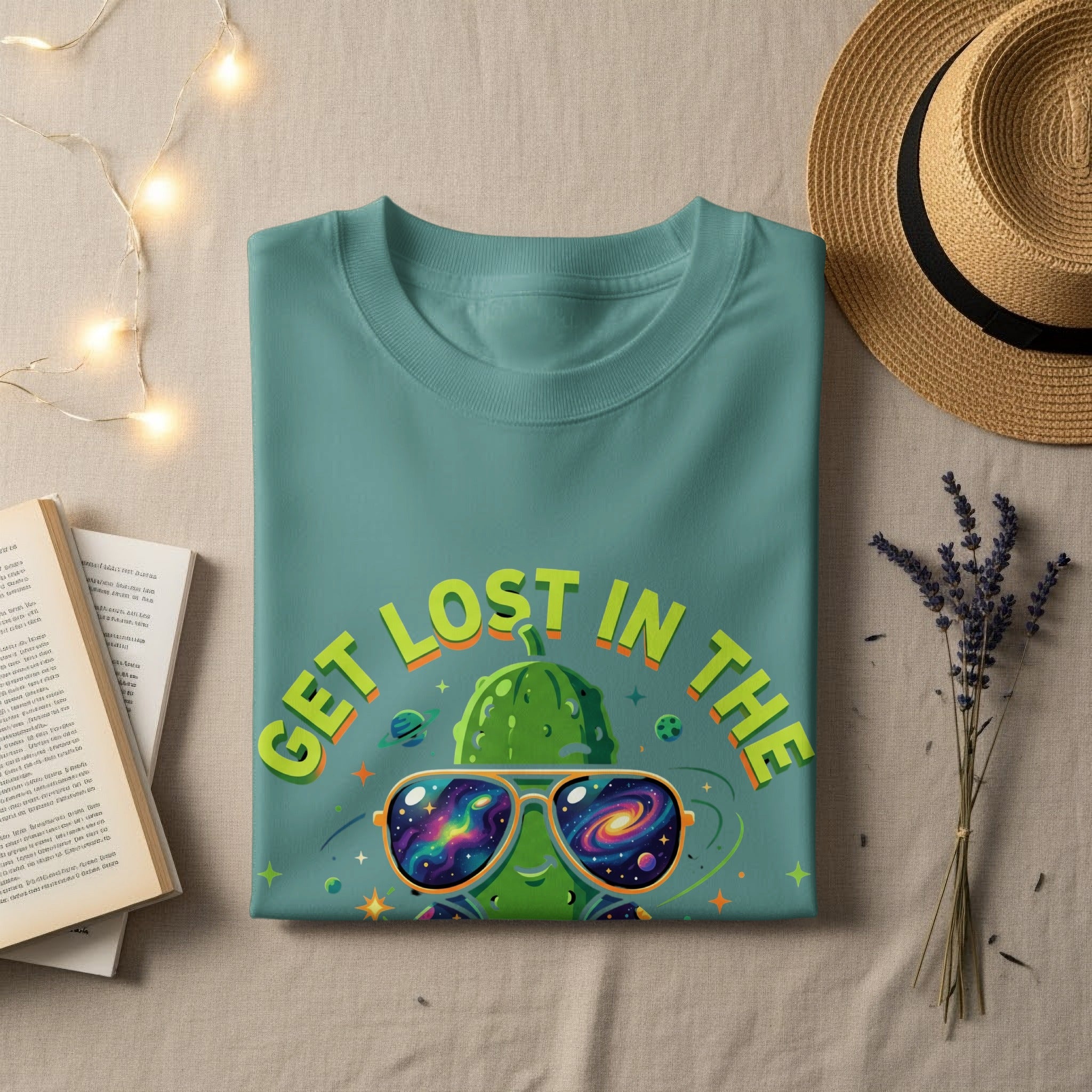T-shirt with cactus wearing sunglasses and text "GET LOST IN THE".