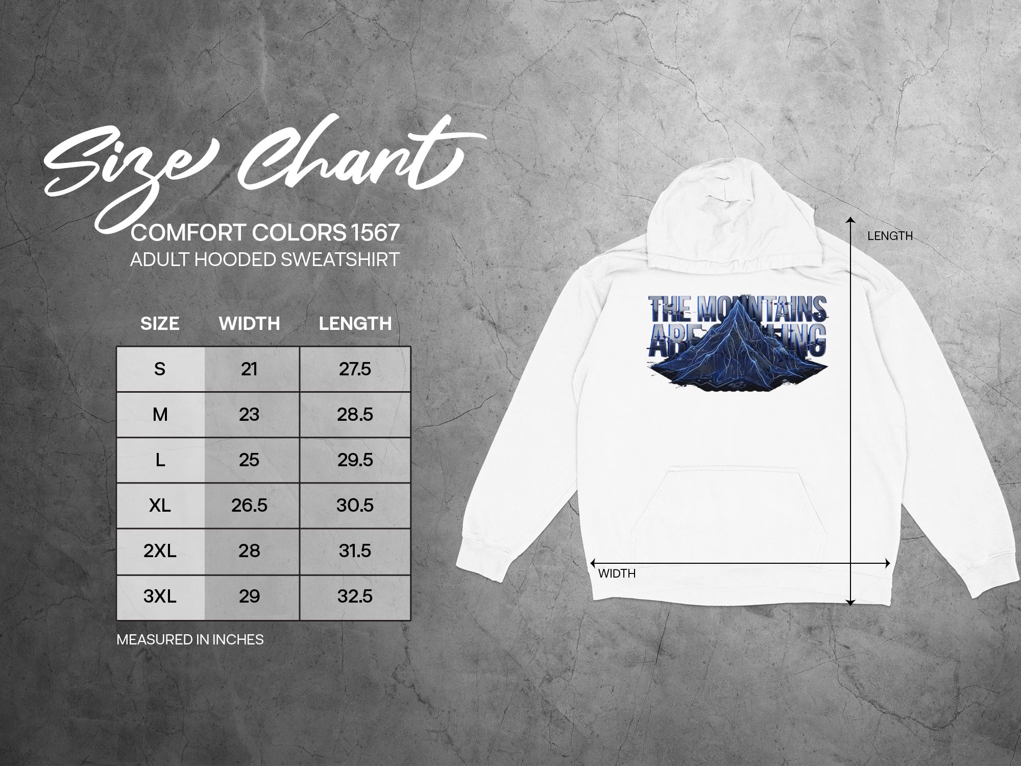 Size chart for Comfort Colors 1567 adult hooded sweatshirt, with measurements.