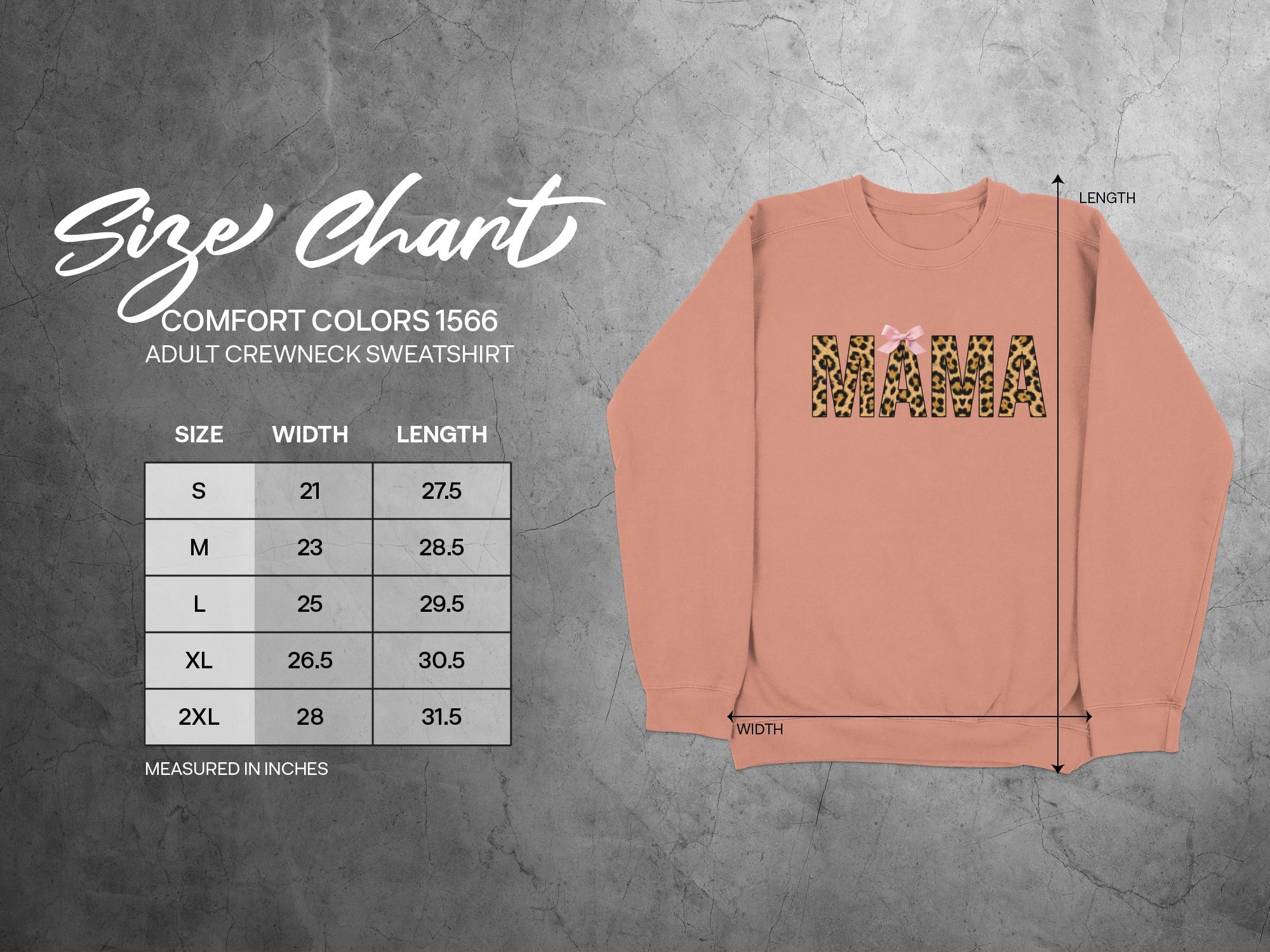 Comfort Colors size chart for adult crewneck sweatshirt, with "MAMA" graphic.