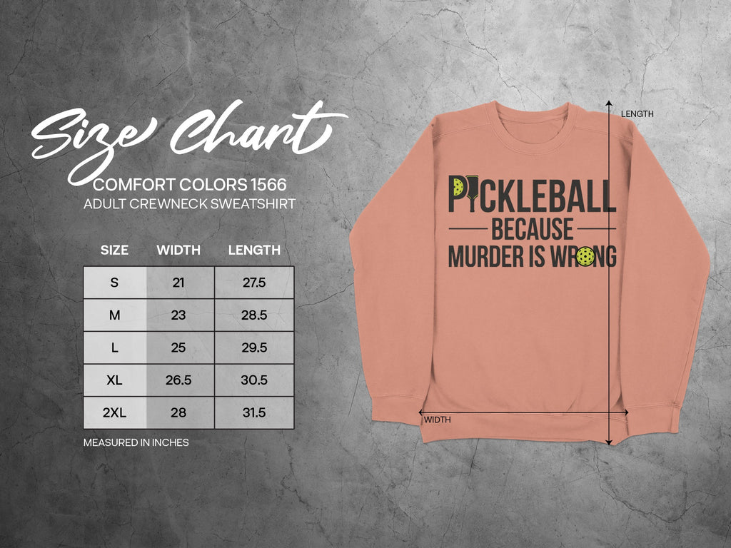 Size chart for Comfort Colors 1566 adult crewneck sweatshirt with pickleball graphic.