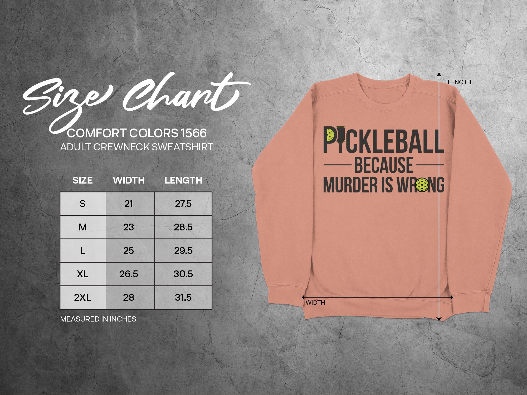 Size chart for Comfort Colors 1566 adult crewneck sweatshirt with pickleball graphic.