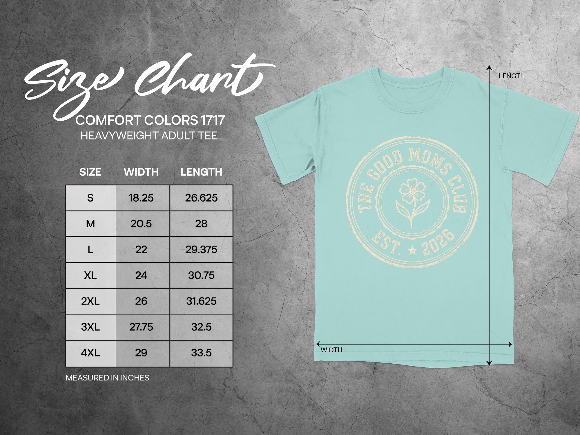 Size chart for Comfort Colors 1717 heavyweight adult tee.