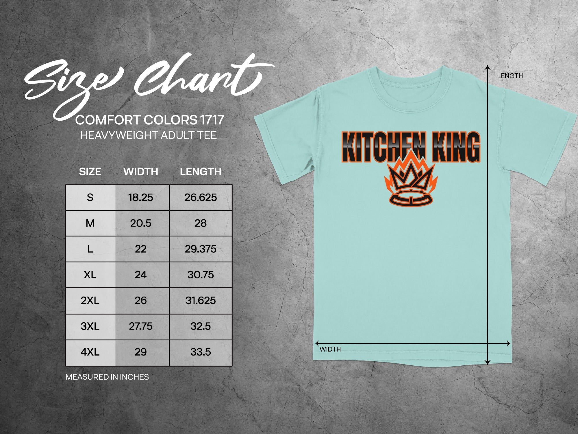 Size chart for a Comfort Colors 1717 heavyweight adult tee, featuring Kitchen King logo.