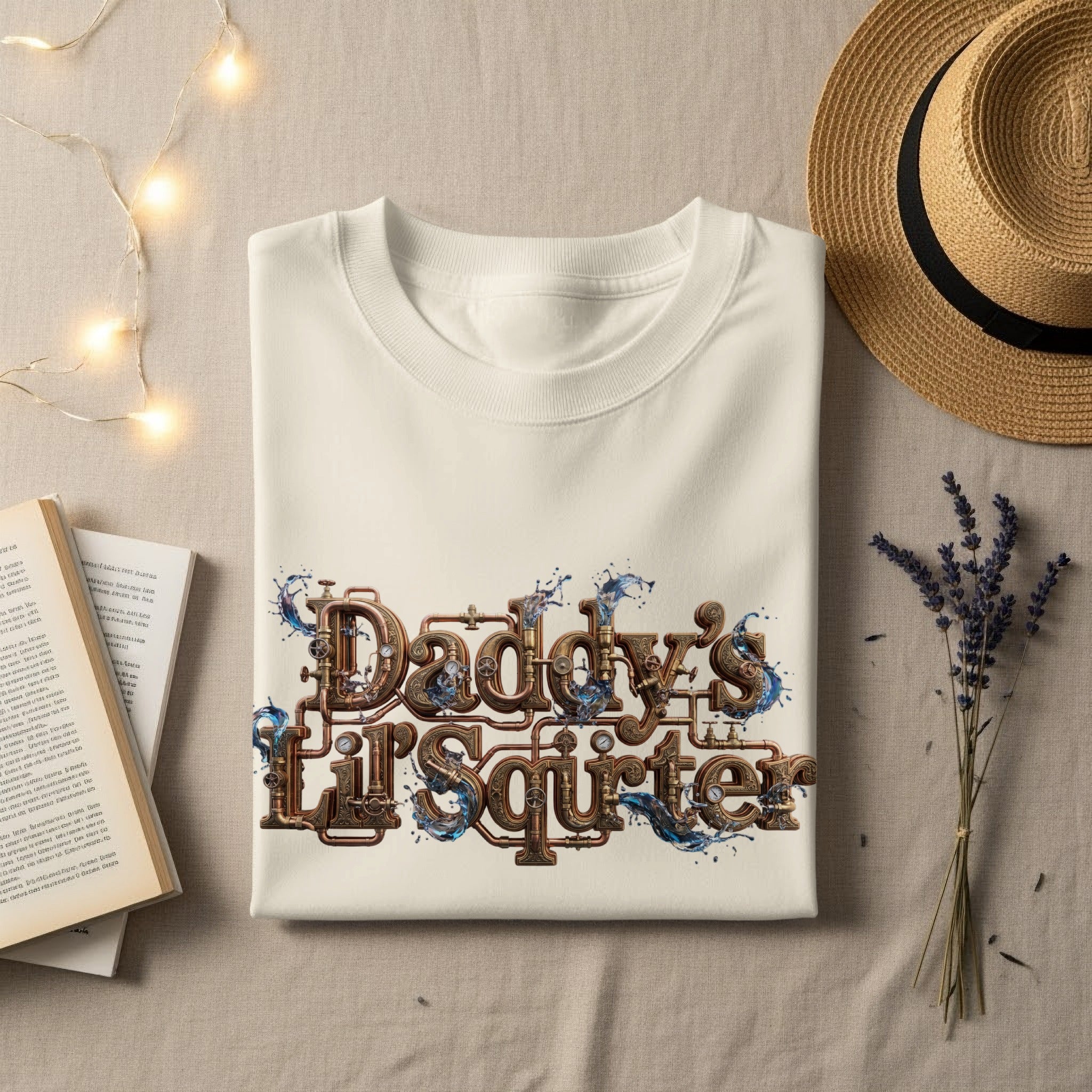 Cream t-shirt with "Daddy's Lil' Squirt'r" text in steampunk-style font.
