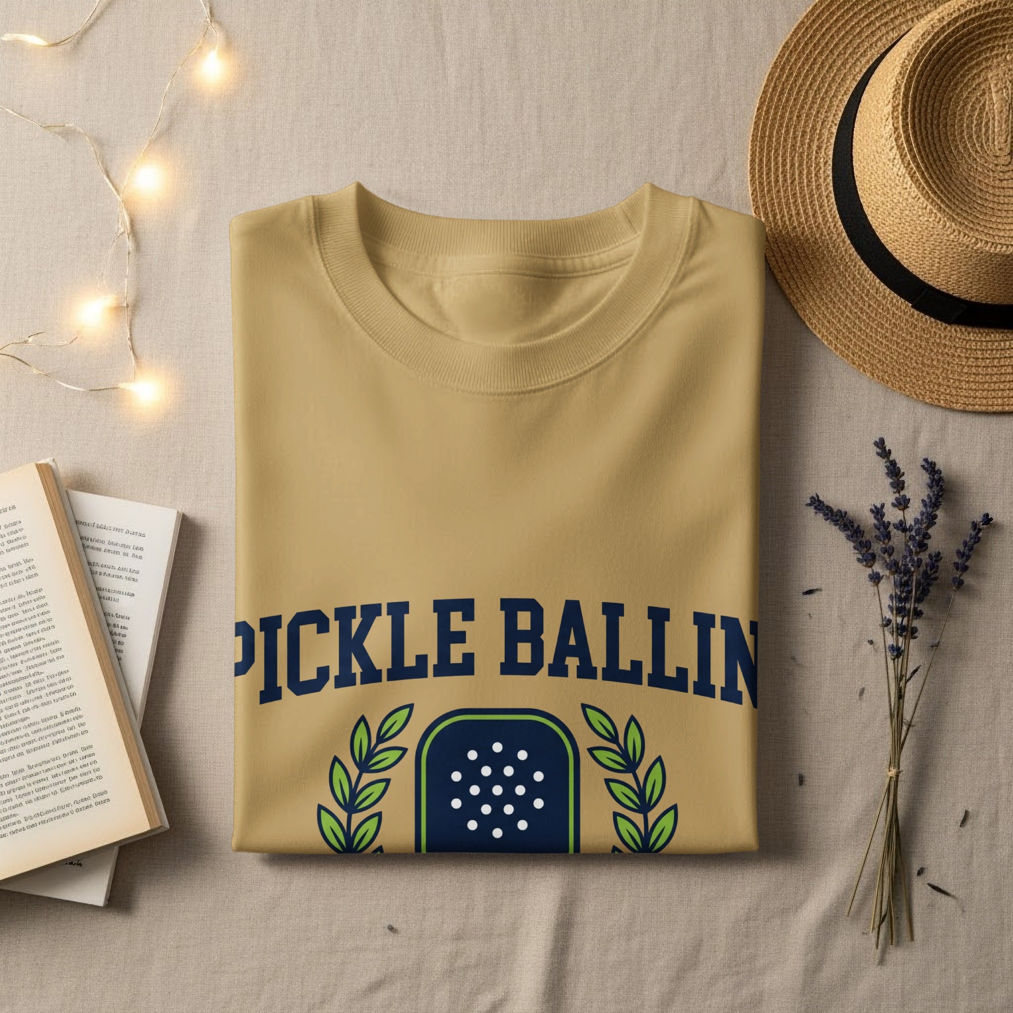 Tan t-shirt with "PICKLE BALLIN" text and athletic crest.