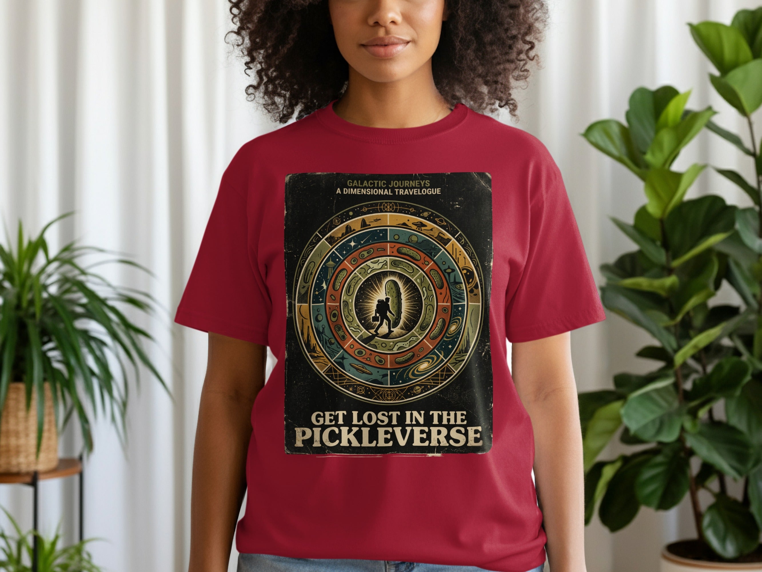T-shirt featuring "Galactic Journeys, A Dimensional Travelogue" and "Get Lost in the Pickleverse."