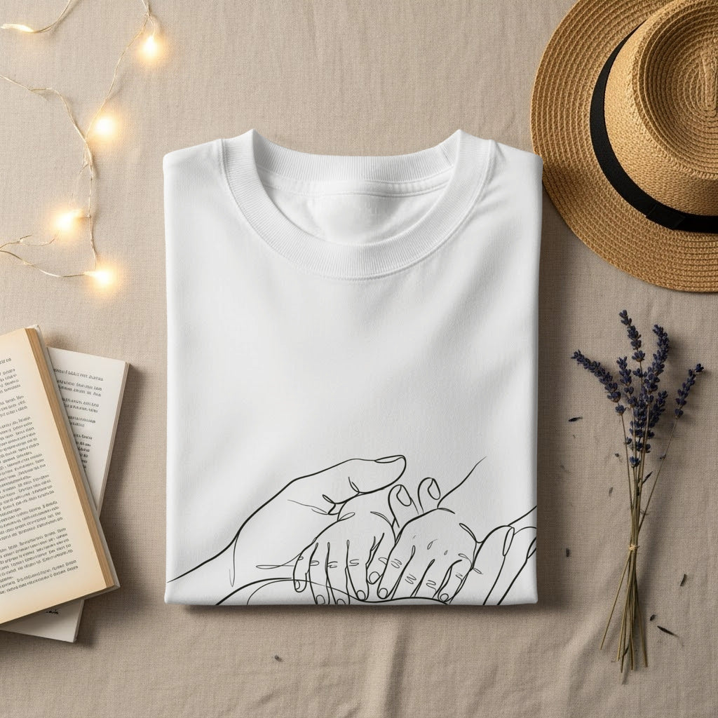 White t-shirt with minimalist line drawing of adult and baby hands.