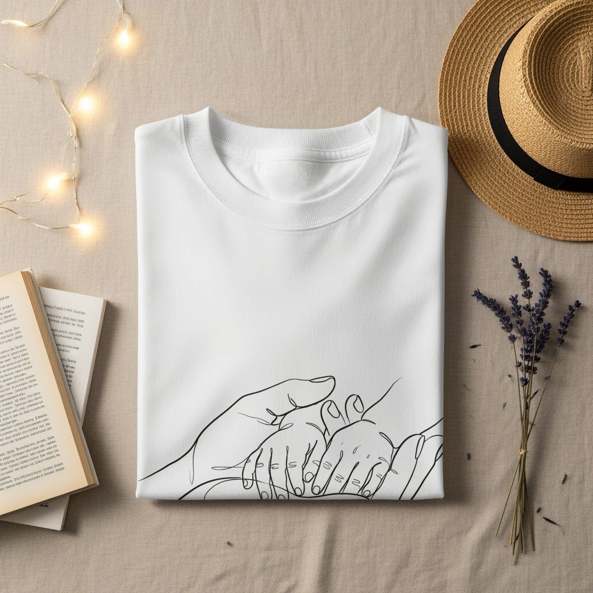 White t-shirt with minimalist line drawing of adult and baby hands.