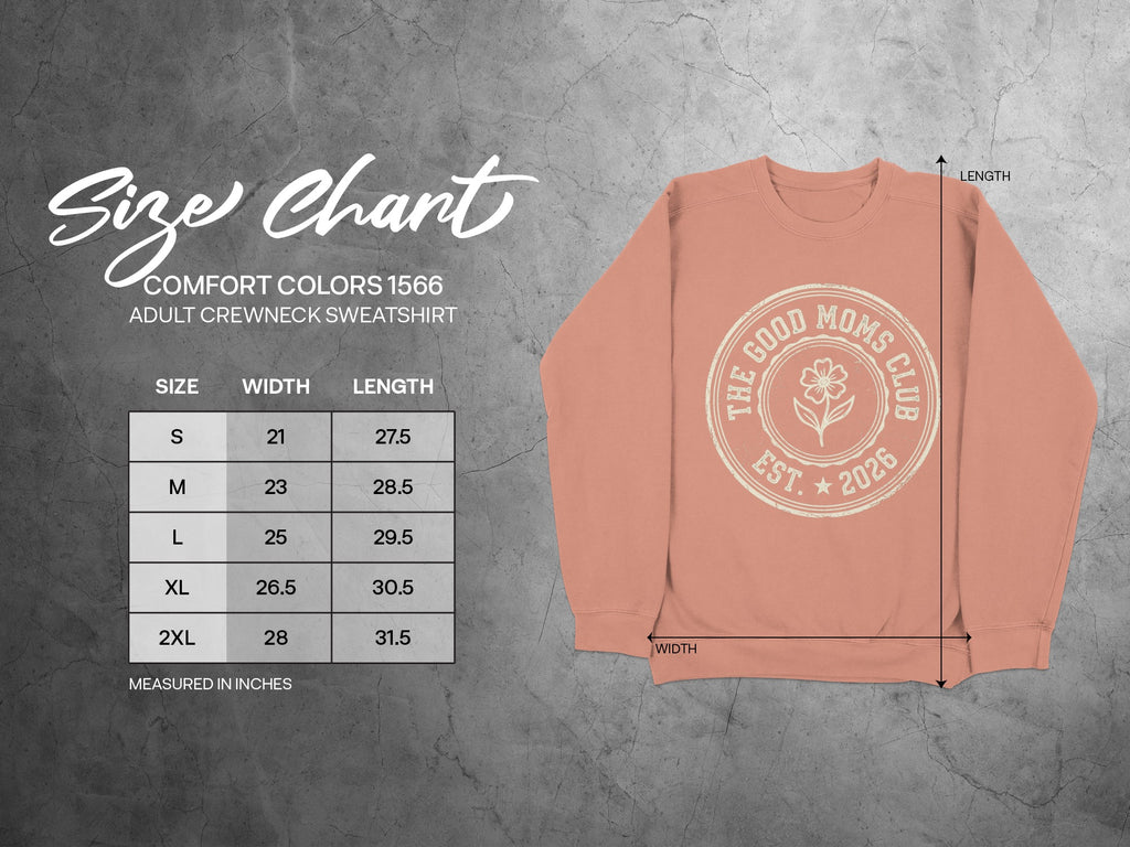 Comfort Colors 1566 adult crewneck sweatshirt size chart with measurements.