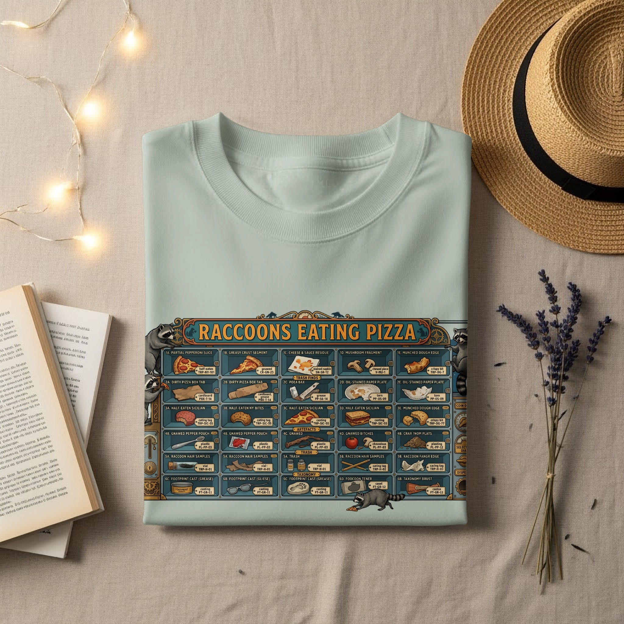 T-shirt with "Raccoons Eating Pizza" design featuring pizza slice and trash details.