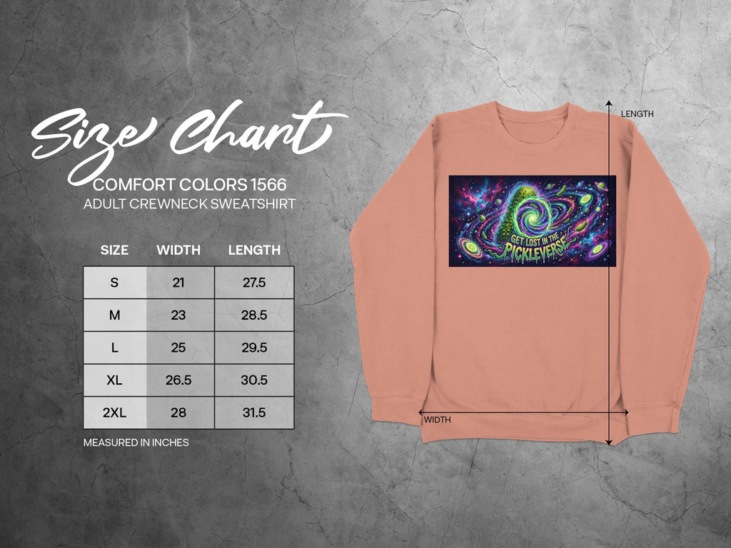 Comfort Colors 1566 adult sweatshirt size chart with chest width and length measurements.