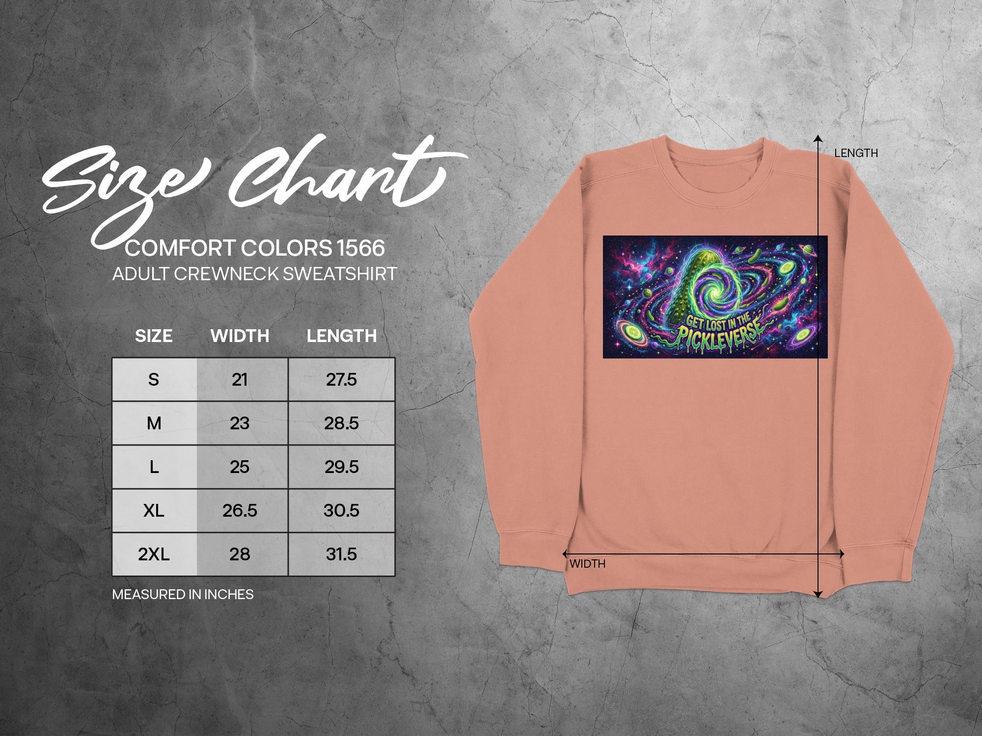 Comfort Colors 1566 adult sweatshirt size chart with chest width and length measurements.