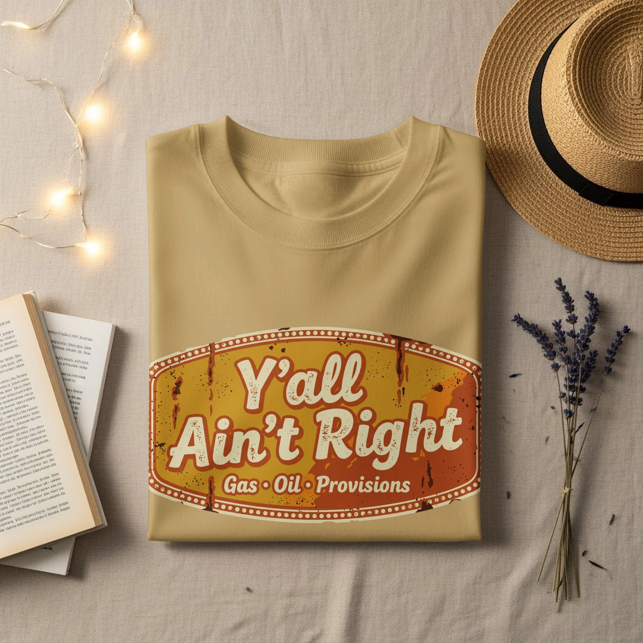 Tan t-shirt with "Y'all Ain't Right Gas Oil Provisions" graphic.