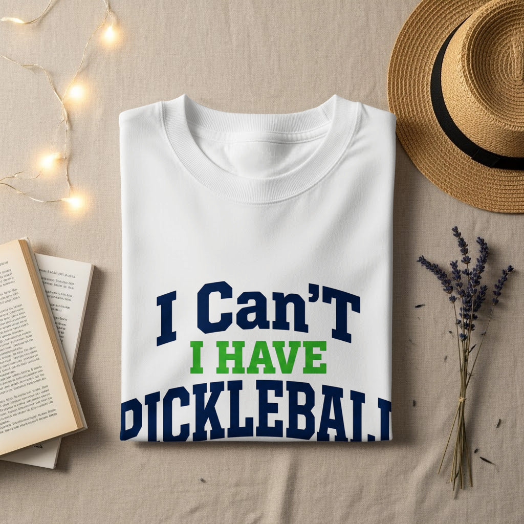 White t-shirt with "I Can't I HAVE DICKLEBALL" text, with hat and flowers.