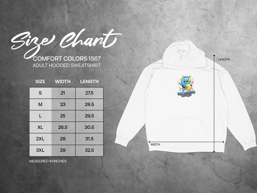 Comfort Colors 1567 adult hooded sweatshirt size chart with width and length measurements.