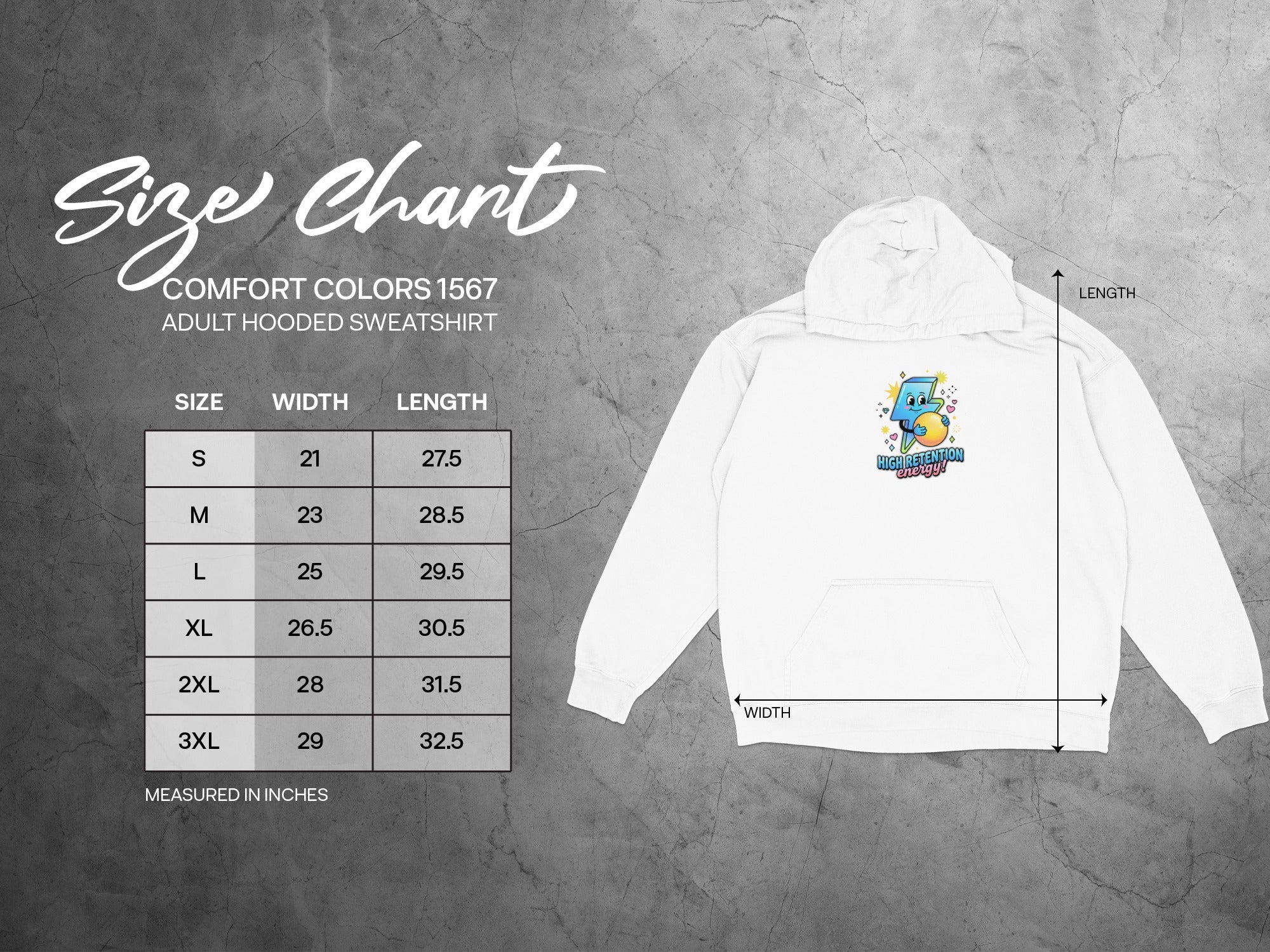 Comfort Colors 1567 adult hooded sweatshirt size chart with width and length measurements.