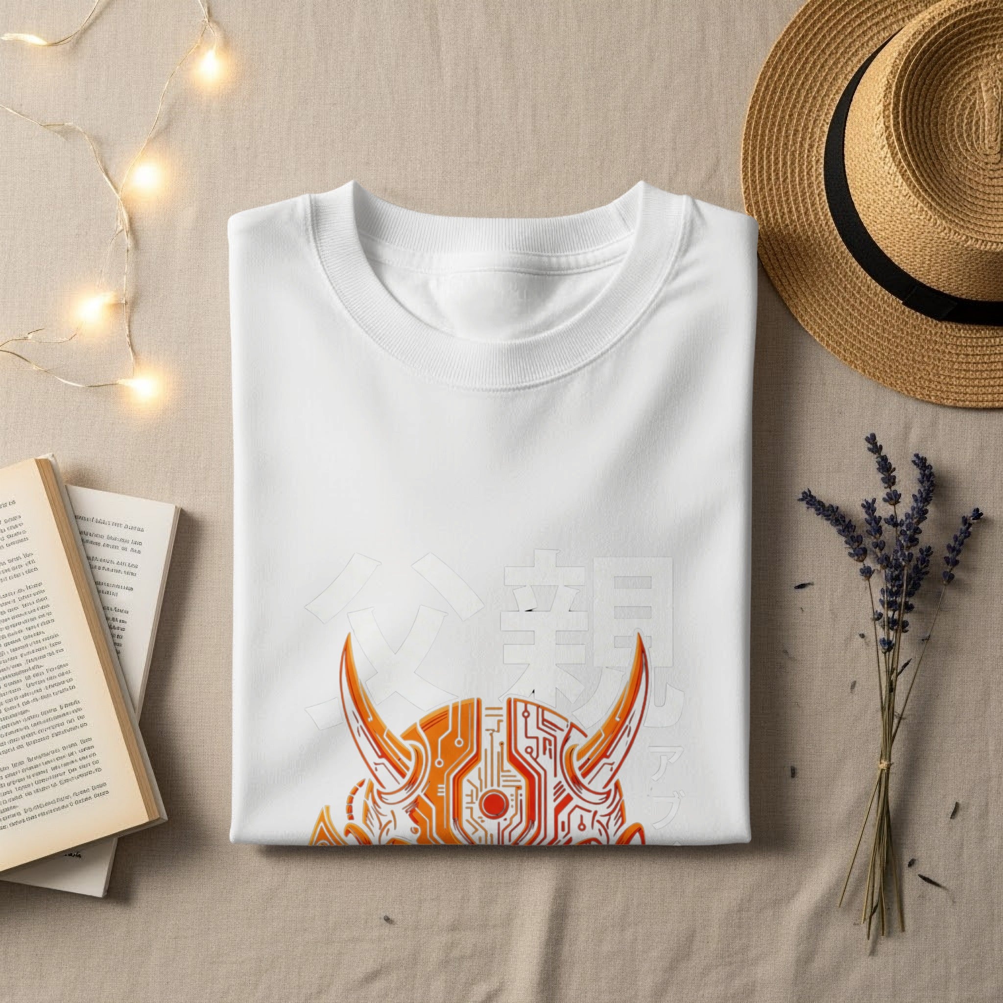 White t-shirt with orange futuristic horned design and Japanese text.