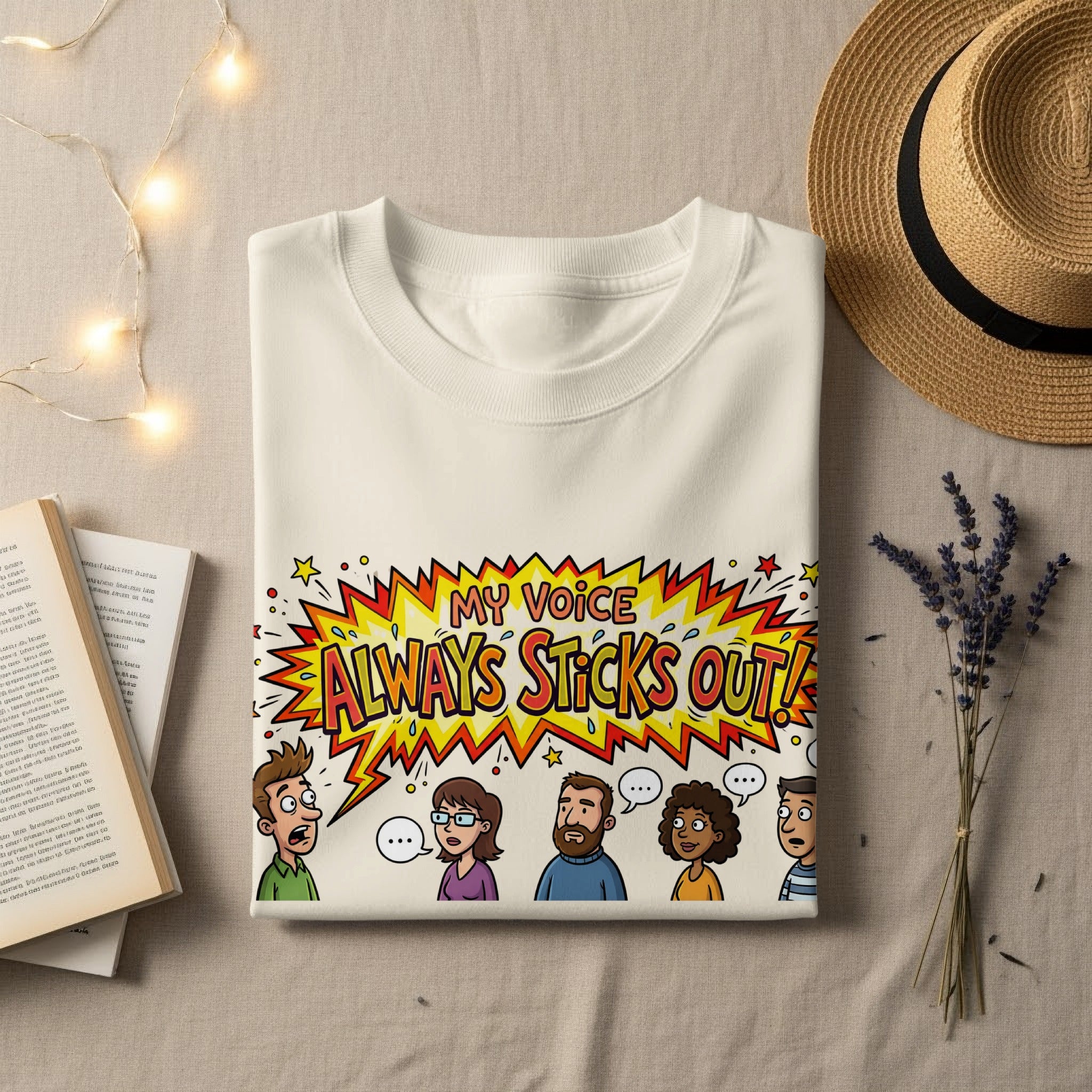 T-shirt with cartoon people saying "My voice always sticks out!".