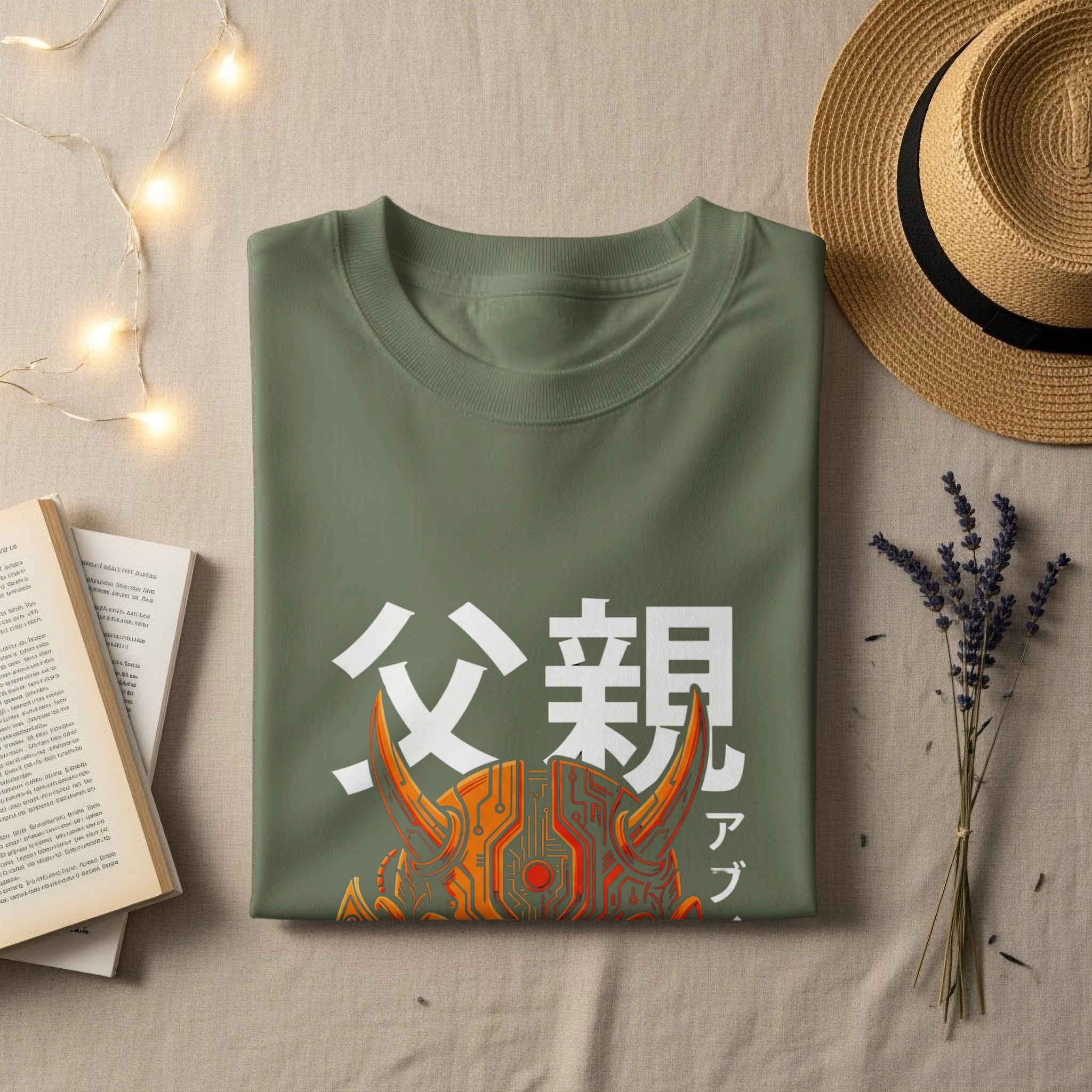 Olive t-shirt with "Father" in Japanese and orange circuit design.