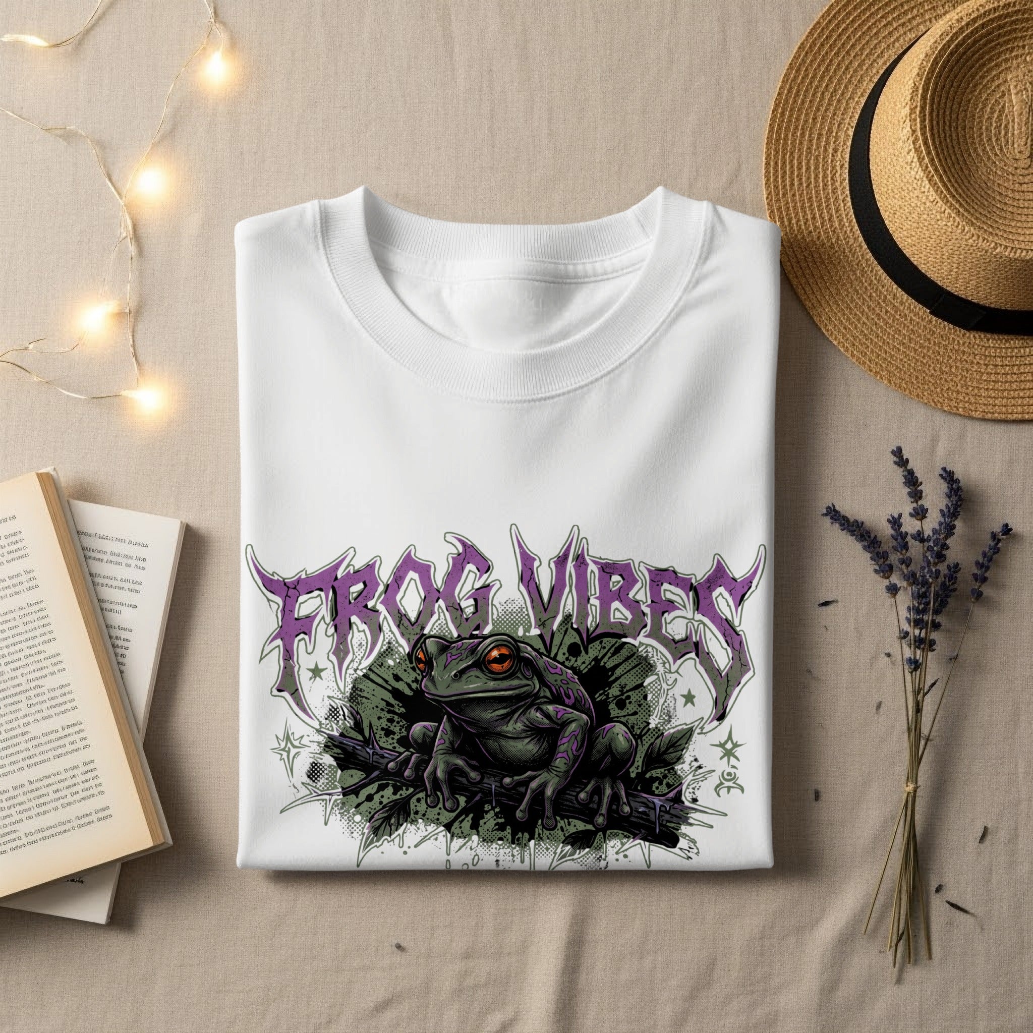 White t-shirt with "FROG VIBES" logo and frog graphic.