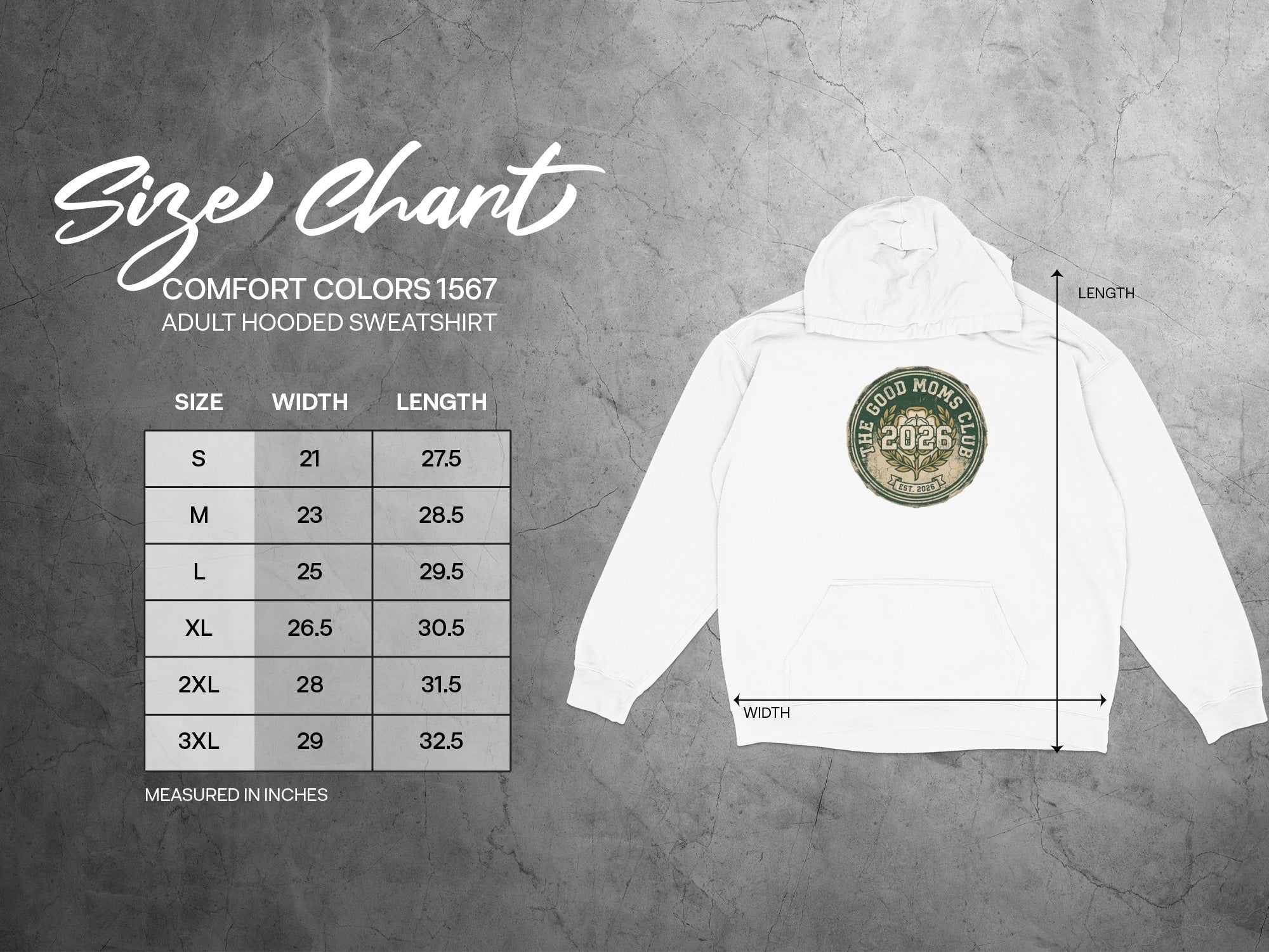 Size chart for adult Comfort Colors 1567 hooded sweatshirt with measurements.