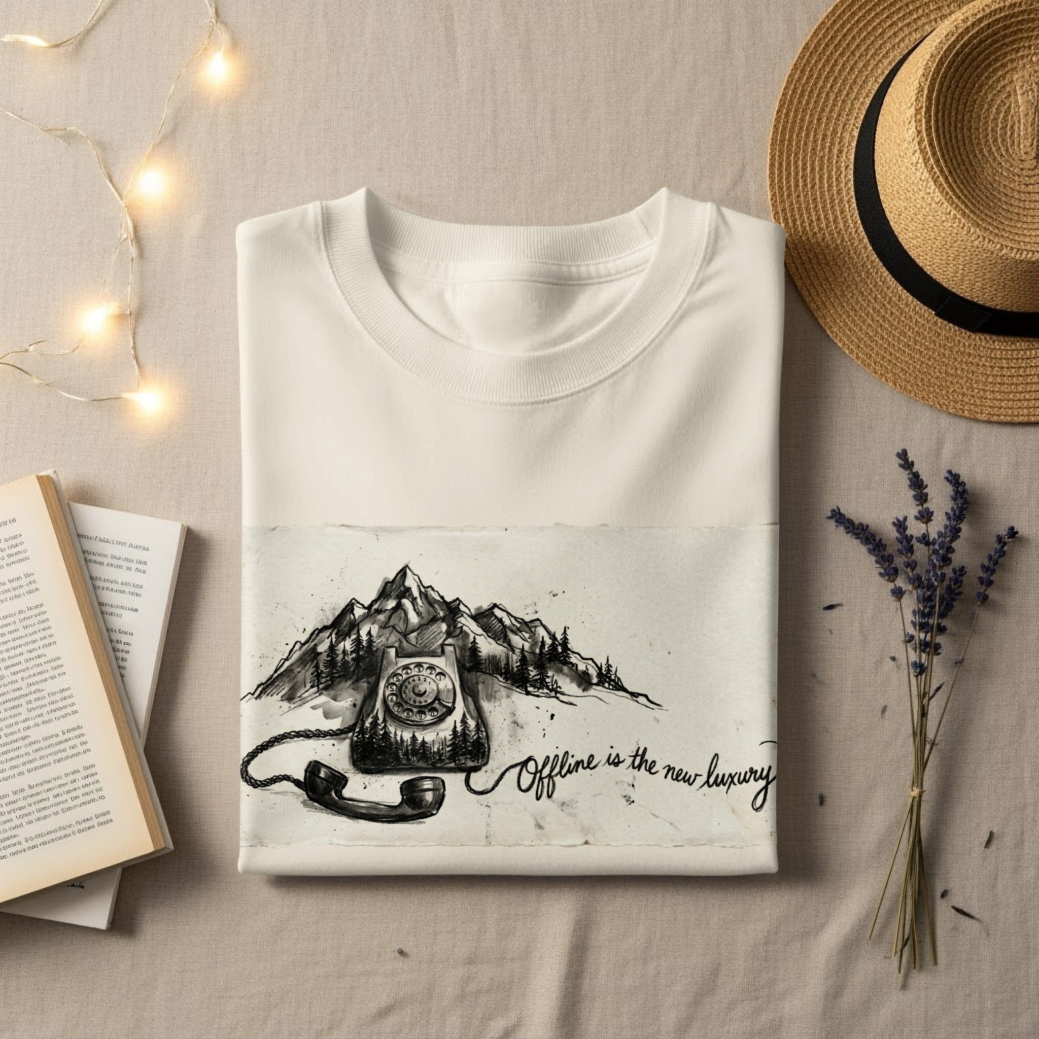 White t-shirt with vintage telephone and mountains graphic, "Offline is the new luxury" text.