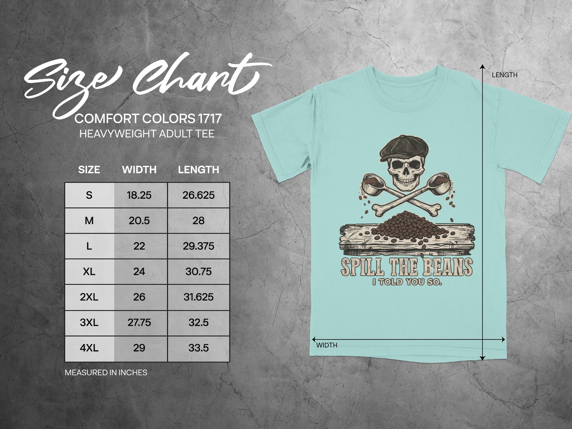 Size chart for Comfort Colors 1717 heavyweight adult tee with graphic.