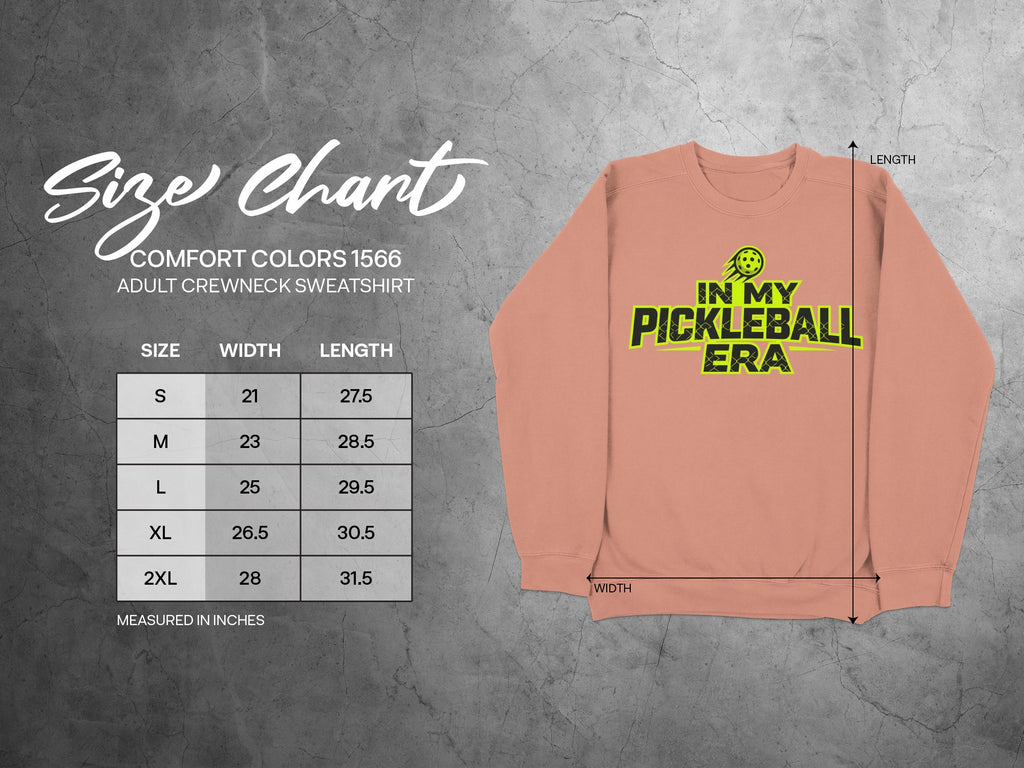 Comfort Colors 1566 adult sweatshirt size chart with pickleball graphic.
