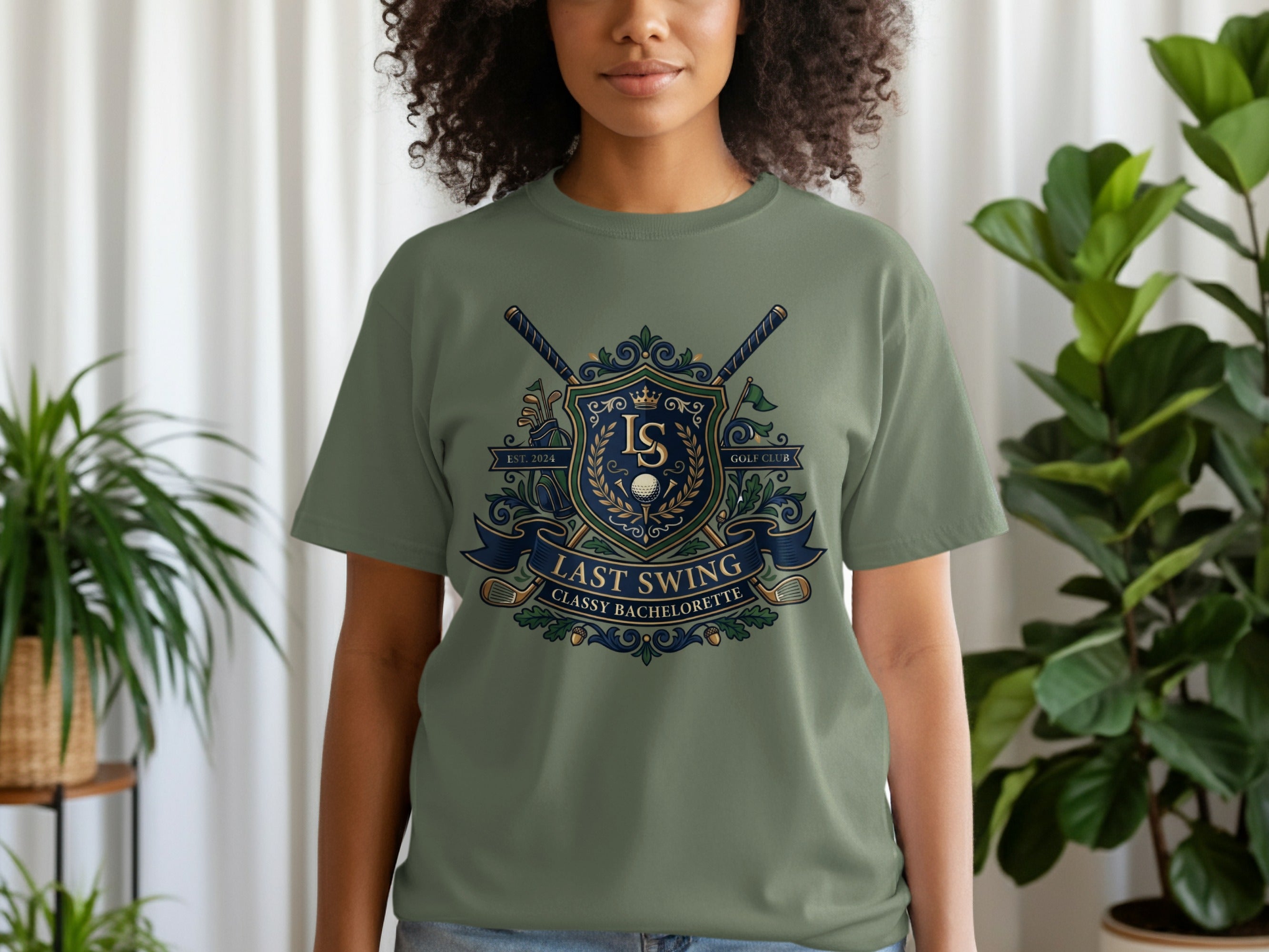 Green t-shirt with Classy Bachelorette golf club crest and crossed clubs.