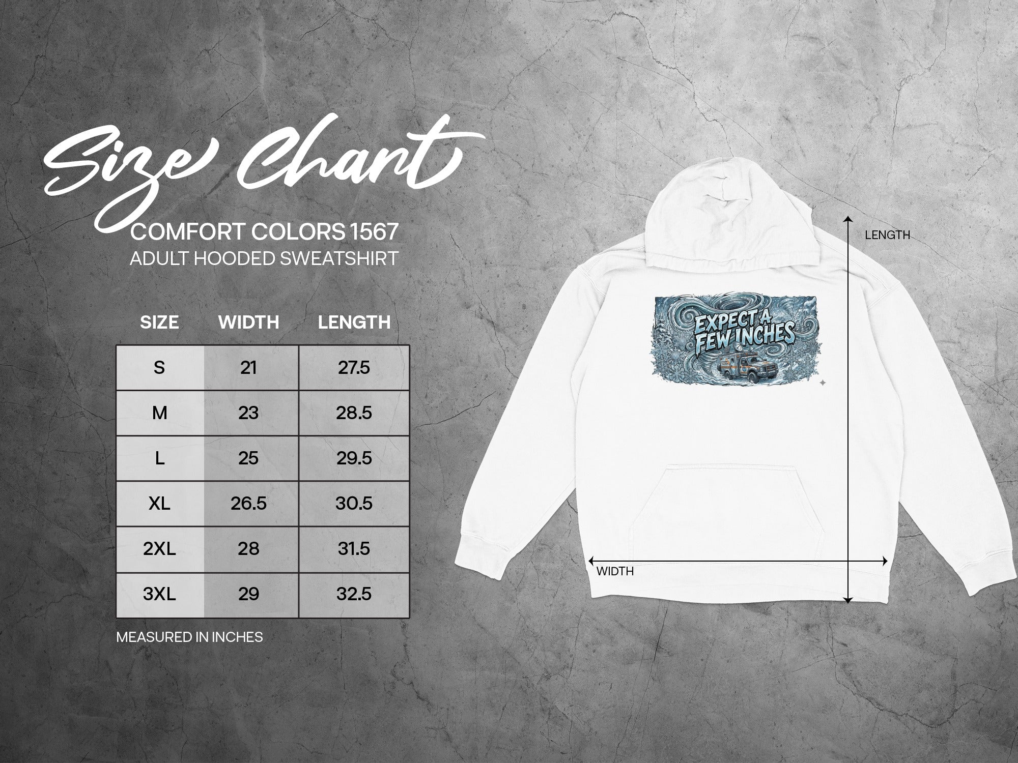 Comfort Colors 1567 adult hooded sweatshirt size chart with front graphic of truck.