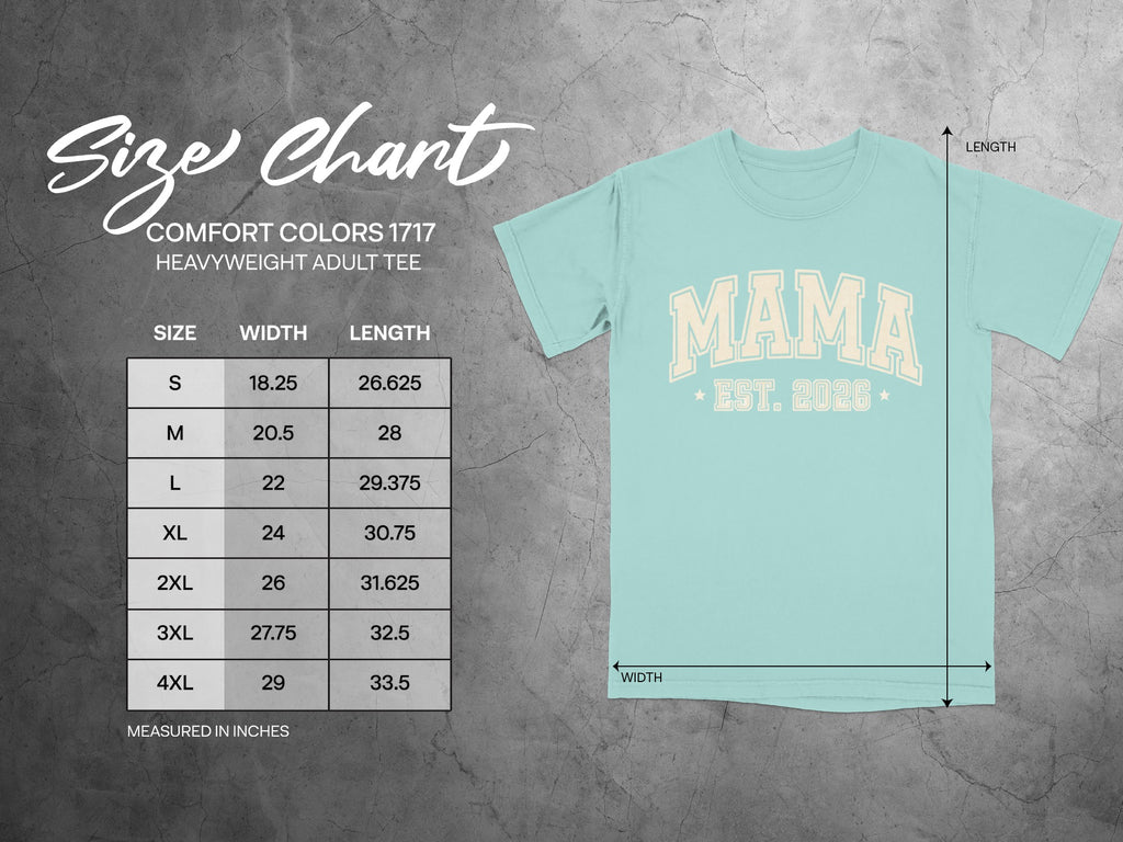 Comfort Colors 1717 size chart for heavyweight adult tee, showing measurements in inches.