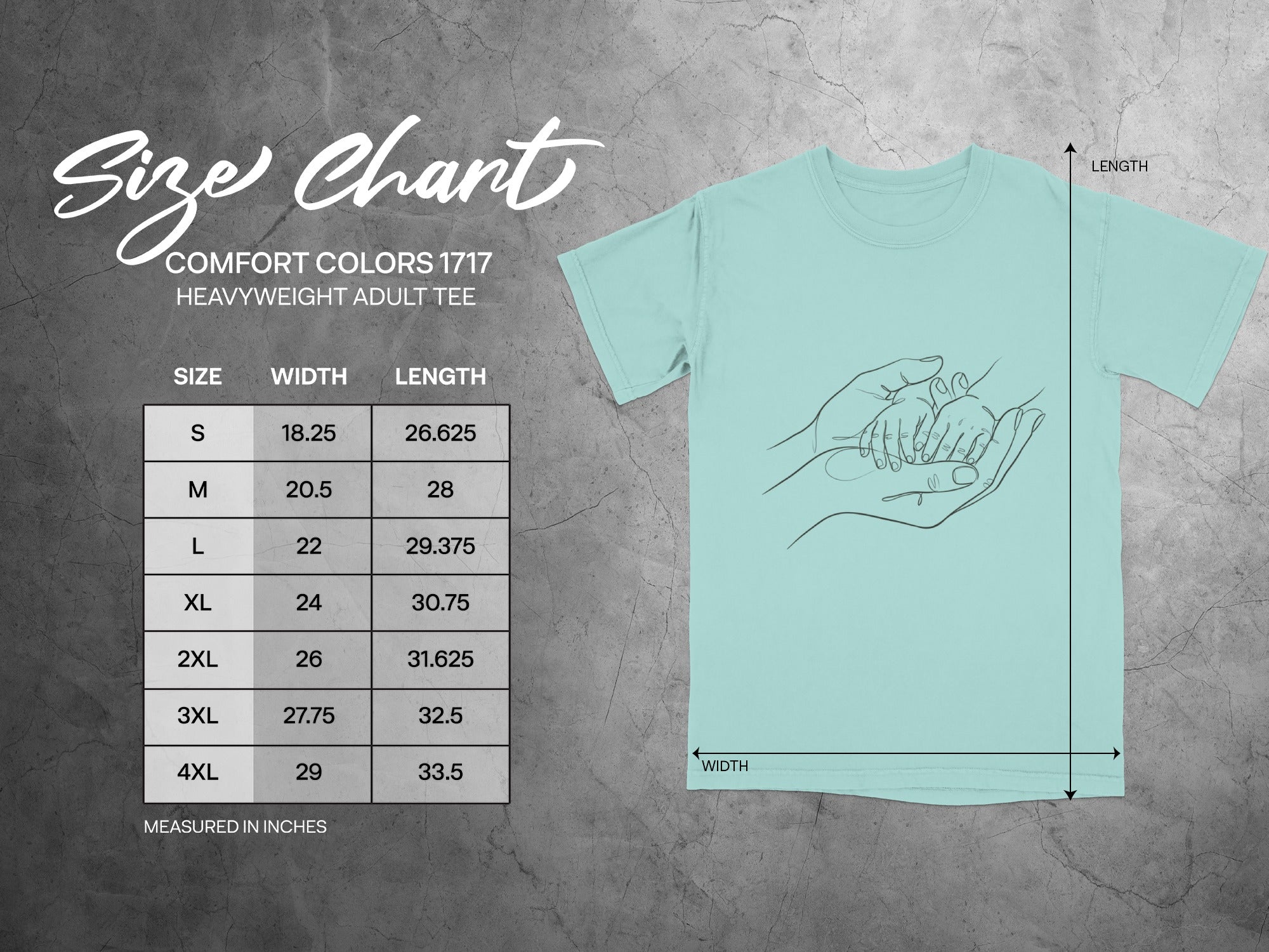 Comfort Colors 1717 adult tee size chart with measurements in inches.