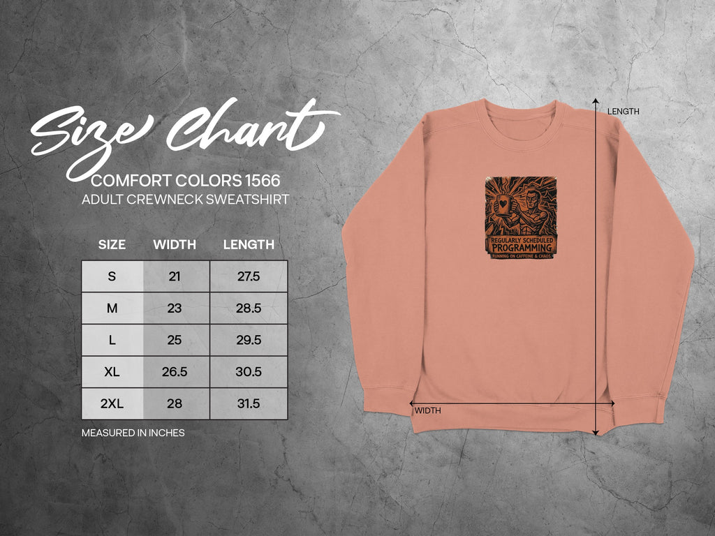 Comfort Colors 1566 adult sweatshirt size chart with width and length measurements.