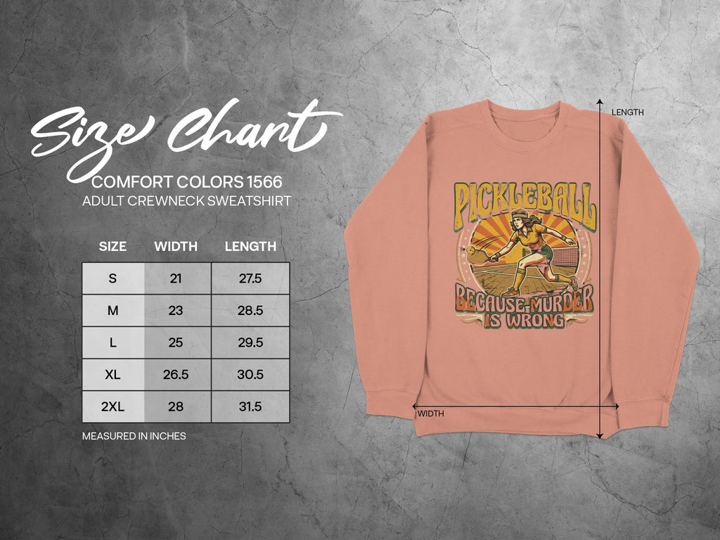 Adult crewneck sweatshirt size chart with pickleball graphic.
